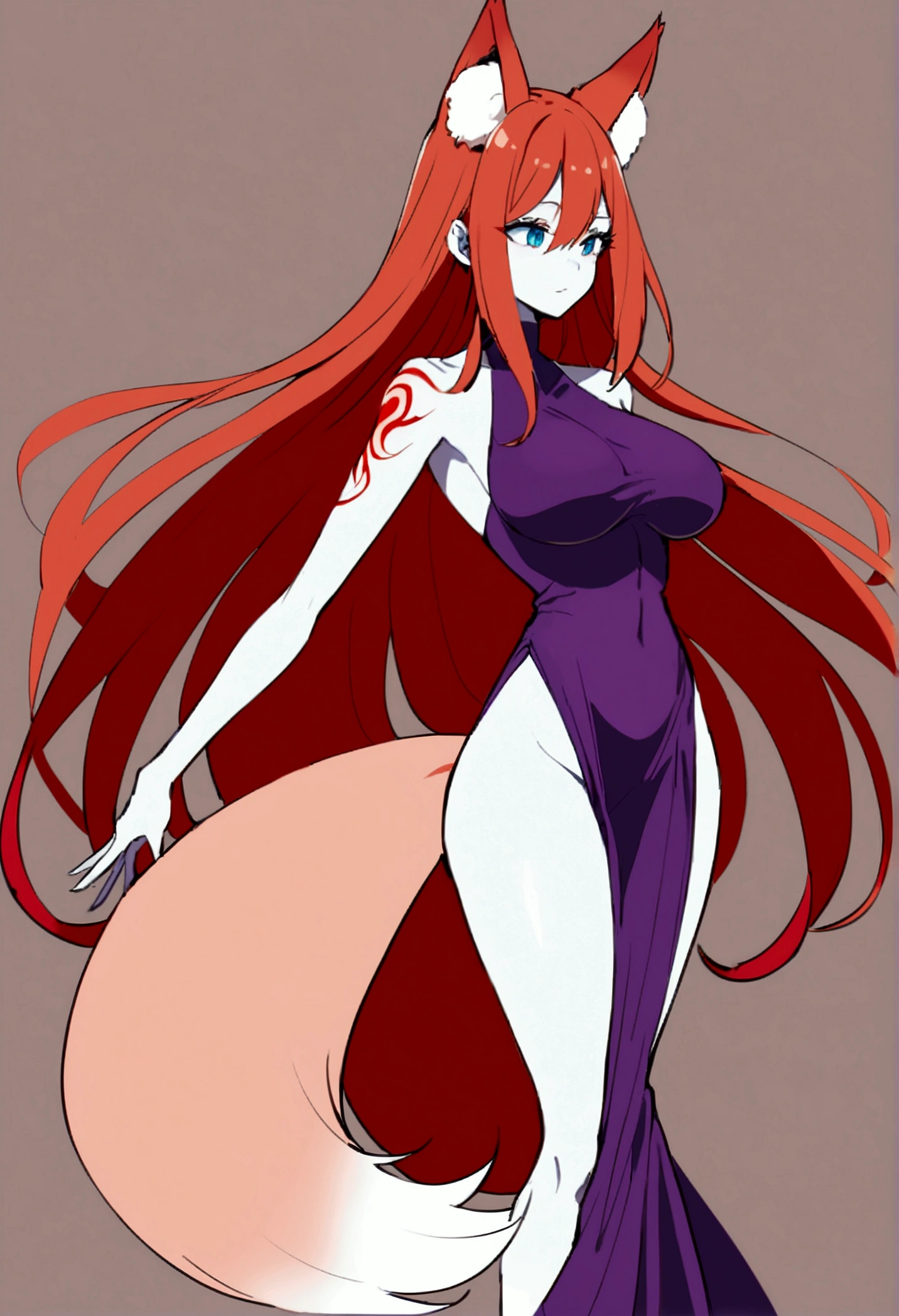 a redhead woman, very long hair falling to butt height. She is wearing a purple blouse that highlights her large breasts.. She has red fox ears, with the inside of the ears in light pink, and a red fox tail with a light pink tip. Only his left arm is completely tattooed. She has fair white skin and a slim body with blue eyes.