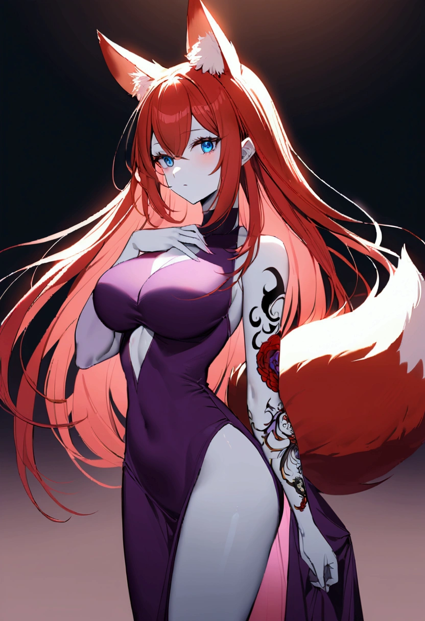 a redhead woman, very long hair falling to butt height. She is wearing a purple blouse that highlights her large breasts.. She has red fox ears, with the inside of the ears in light pink, and a red fox tail with a light pink tip. Only his left arm is completely tattooed. She has fair white skin and a slim body with blue eyes.