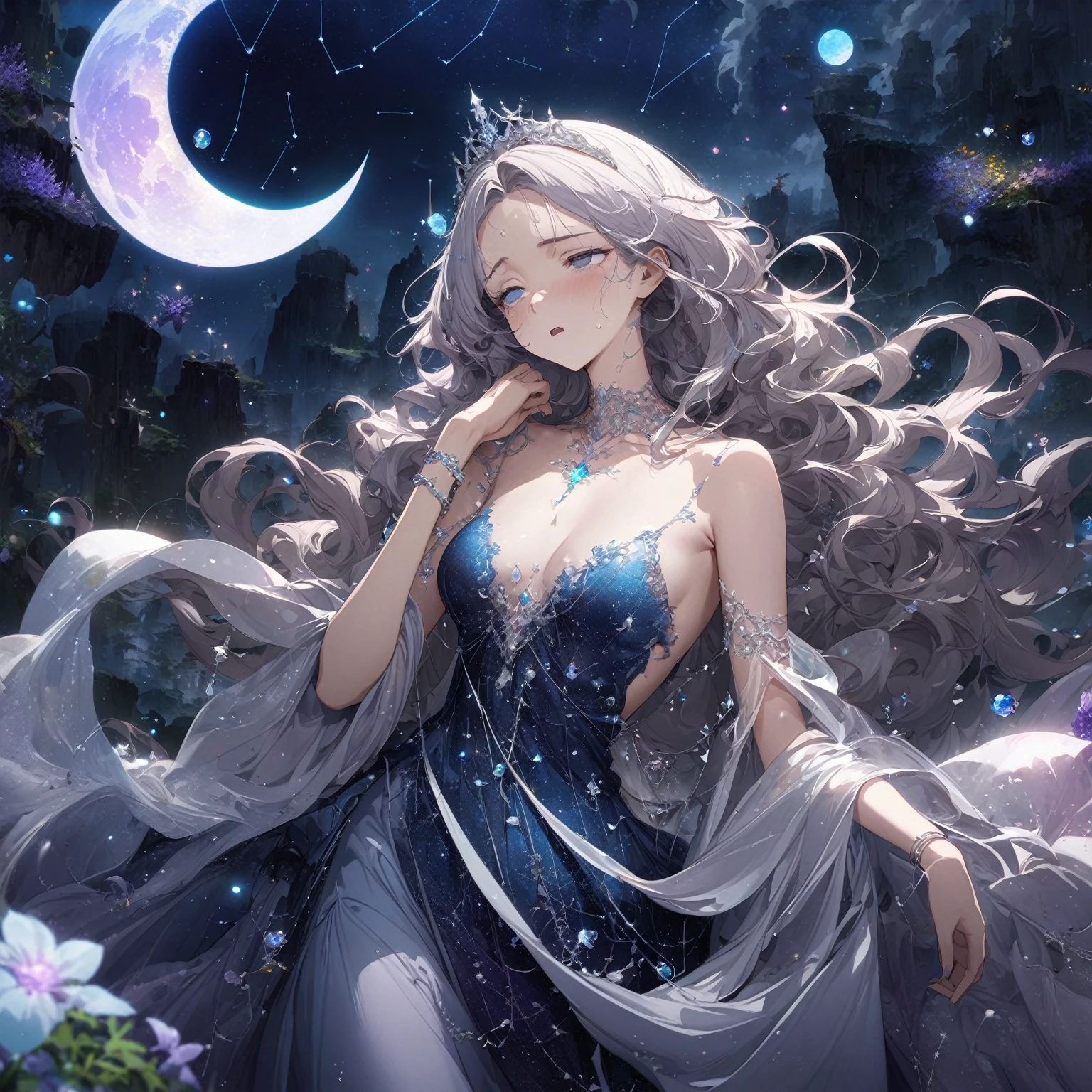 Woman, ethereal, otherworldly presence, sleepy, tired expression, half-closed, droopy eyes, slightly open mouth, silver, wavy hair, flowing gown, (nude:0.8), gossamer-like fabric, midnight blue, silver, lavender, constellation patterns, crescent moons, silver tiara, crescent-shaped charms, glowing gemstones, delicate silver bracelets, surreal, dreamlike landscape, large luminous moon, wisps of mist, floating islands, mythical creatures, glowing flora, small glowing orbs, faint silver threads, soft silvery light, dream manipulation, detailed gorgeous face| anime style| key visual| intricate detail| highly detailed| breathtaking| vibrant| panoramic| cinematic| Carne Griffiths| Conrad Roset| gibbli 8k