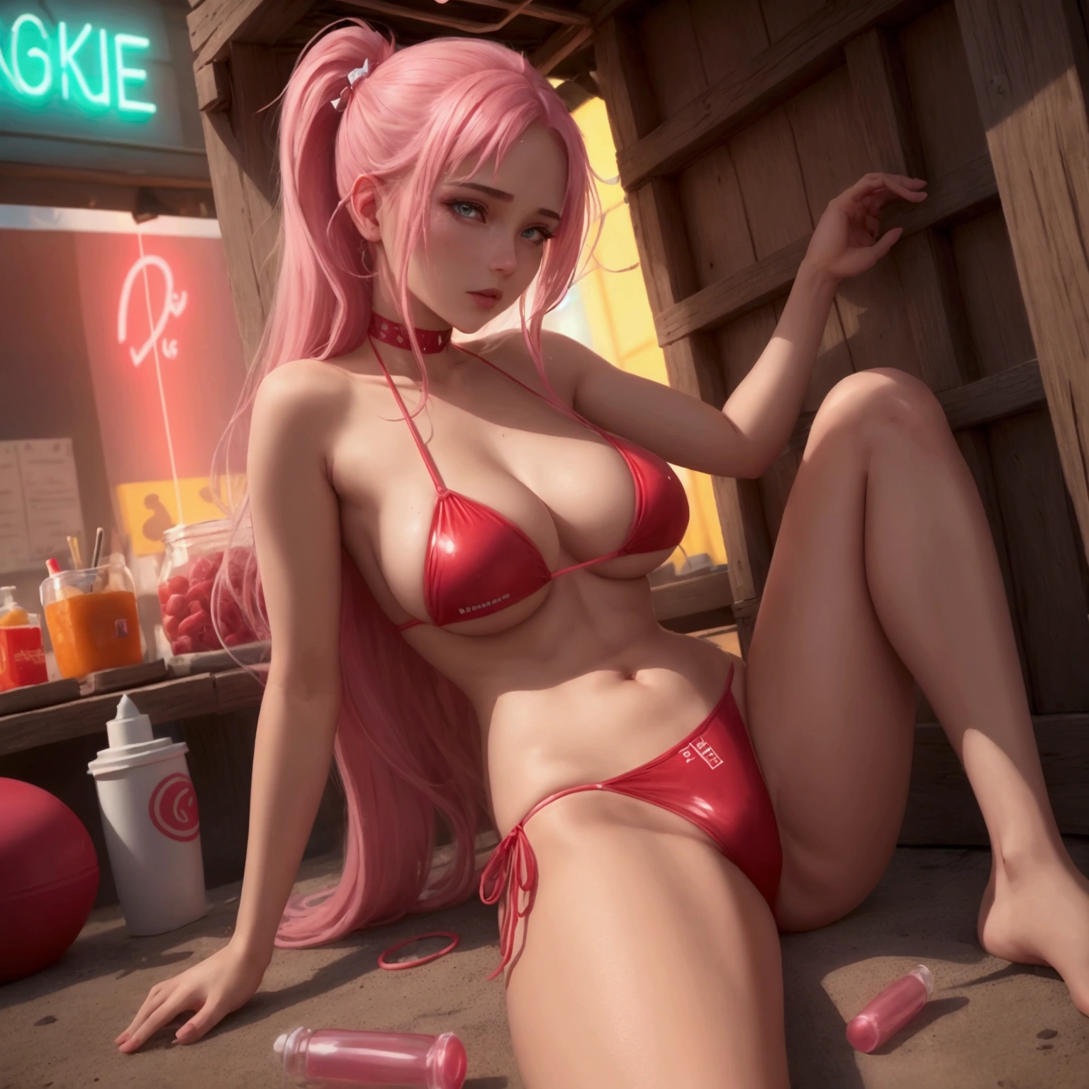 a large pill is red and white, made of translucent glass, and a beautiful girl in a bikini is sitting inside and shows with all her appearance that she is waiting for her love. the pill itself is illuminated with pink neon, and the inscription "Lirika Market Place" glows beautifully in red letters on top. everything is done in the style of romance, love, passion. with high resolution and hyperrealism.