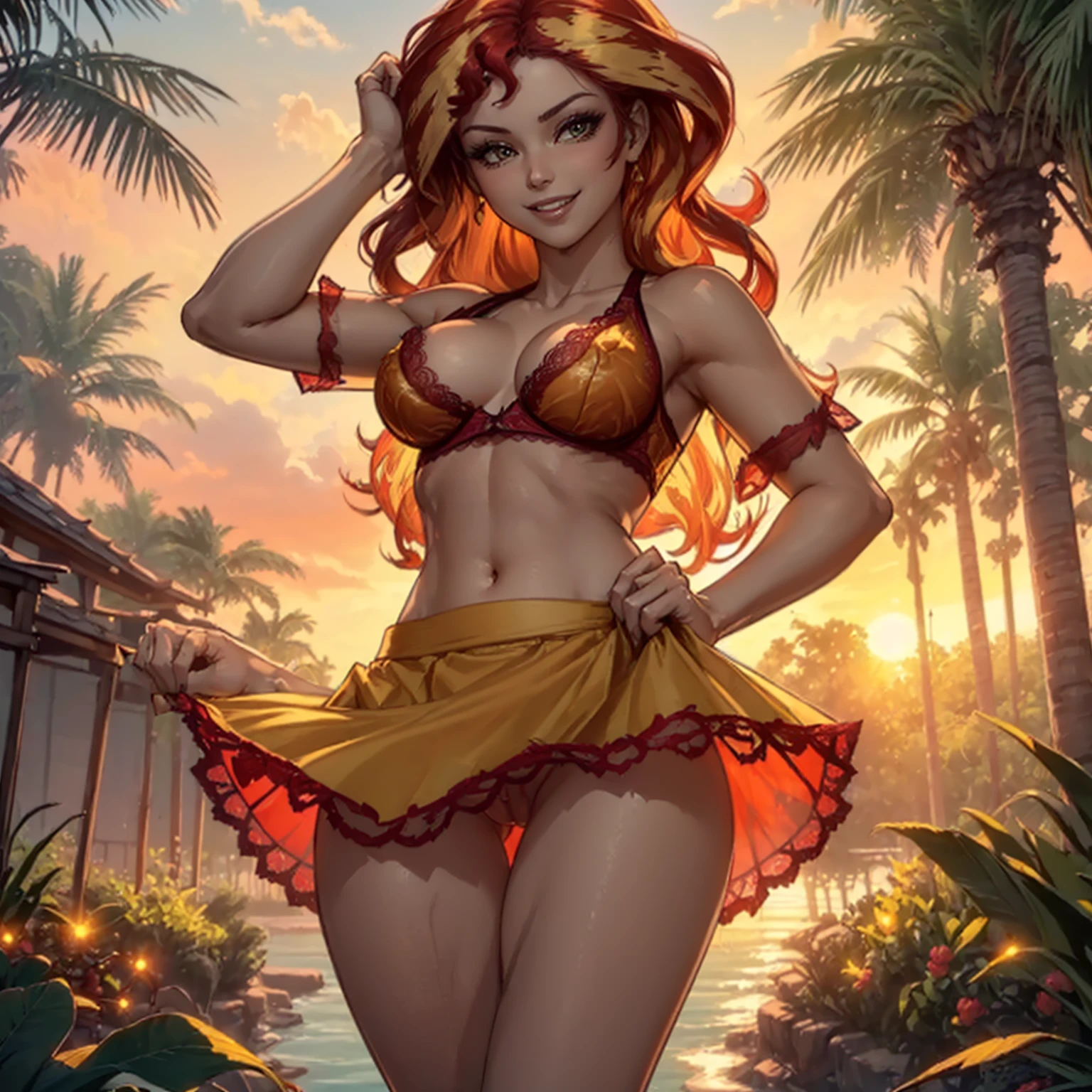 (((beautiful female body))),(((sunsetshimmer as a sweet charming hot seductive horny model))) ,(((red and yellow color hair))),(((stand hold a lace skirt with hands)))), (((outdoor))),(((jungle in background))),(((lewd and erotic posing))), (((happy wicked smile))) ,(((wear light yellow red sheer lace transparent see through very short bra))) , (((((upskirt view))))) , breasts are visible ,golden bracelets , (((perfect big breasts))) , lush breasts , Bulky Breasts , voluminous breasts ,(((peeping the viewer))),(((bare belly))),(((side close upskirt view)))