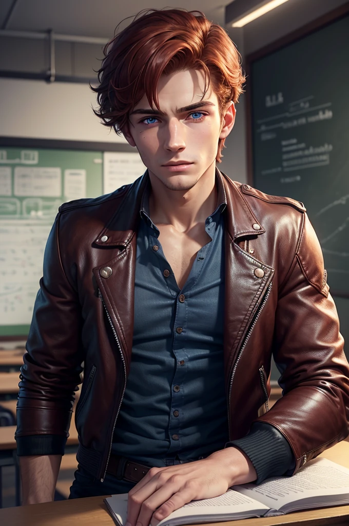 

Scenario: ((in a bare classroom.))

First: realist:1.37,Best Quality,4k,8k,high resolution,Masterpiece:1.2),ultra detailed,YOUNG,caucasian male,deep purple eyes,gentle smile,simple clothes,School environment,medium hair,by white,slight smile.

the third: Best Quality, Masterpiece, 8k, photorealistic, cinematic lighting, 1:Imagen 4 HDR, ultra detailed, Beautiful image), a mature man, 19 years old very handsome, ((cold expression)), short red hair, Blue eyes, Perfect face without errors, ((buttoning up his black leather jacket))

