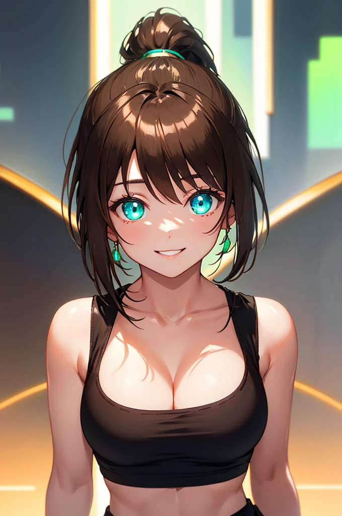 baby face, (short brown fluorescence hair:1.5,ponytail hair:1.5), (masterpiece, sidelights, exquisite beautiful eyes: 1.5), masterpiece*portrait,(cute face),front view: 1.6、 (glowing green eyes:1.2),plump face:1.5,(tareme:1.5)、(seductive smile:1.2),Rosy Mouth,Slim Body,abs, shiny hair, visible belly, shiny skin: 1.5、medium breasts,cleavage、solo,,(stand)、(white tank-top and black skirt)、(charactor focus:1.5、portlate、upper body),stage,