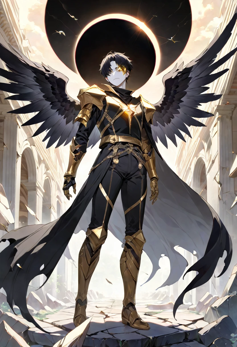 1man, adult, angel, pale skin, black hair, very short hair, white hairlocks, golden eyes, broken face, crack on the face, radiance coming from the crack, missing eye, black wings, eyed wings, bird legs, black robes, golden details, golden shoulder pads, golden prothesis in right hand, clawsprothesis, great sword on hands, eclipse, fullbody, anime style, (masterpiece), best quality,
