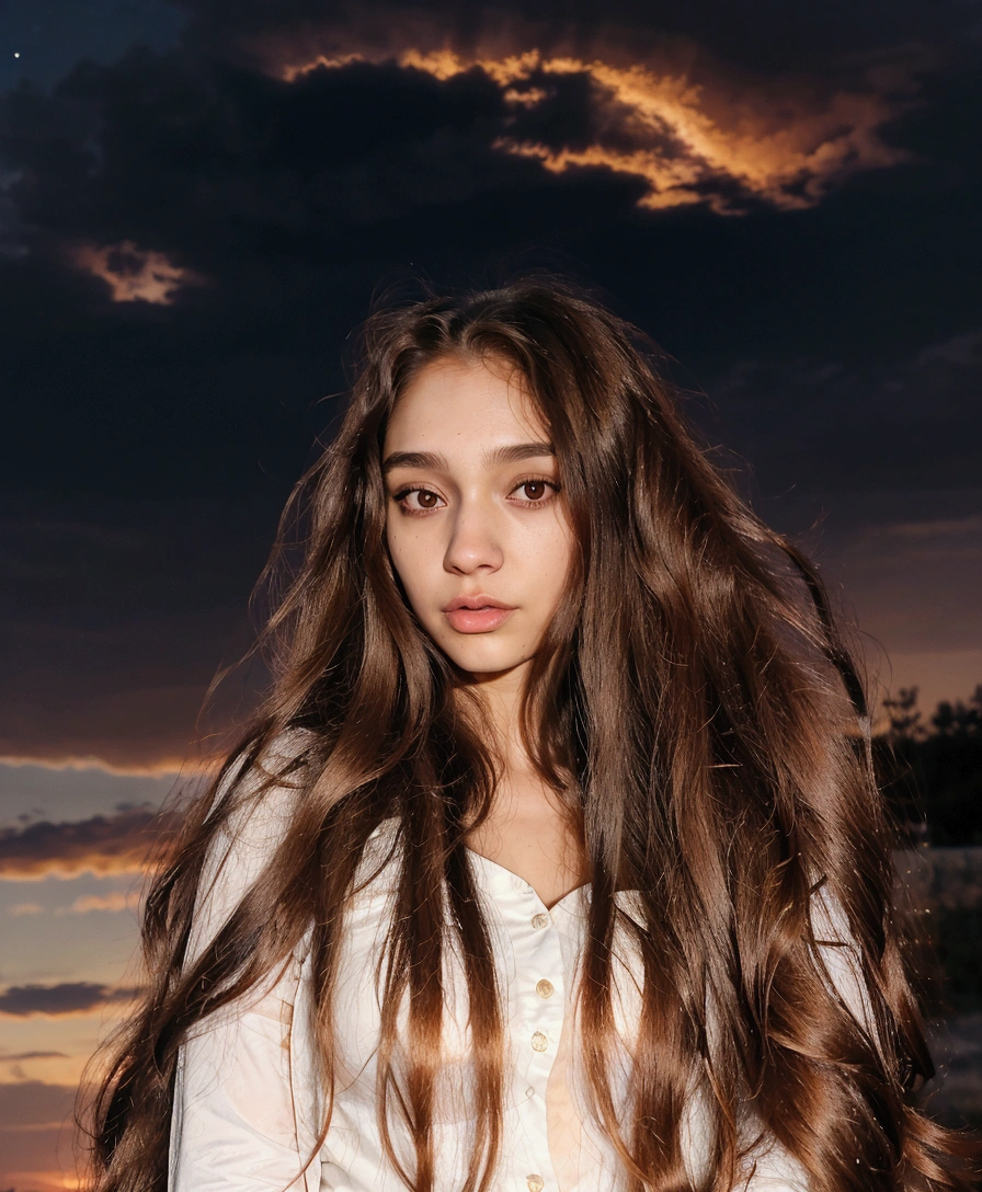 arafed woman de 18 years de edad, with long hair at night, Free hair. evening, with long hair, Woman with brown hair, long and shiny hair, ☁🌪🌙👩🏾, she looks like a mix of grimes, leaked image, very very high quality image, with sunset, 18 years