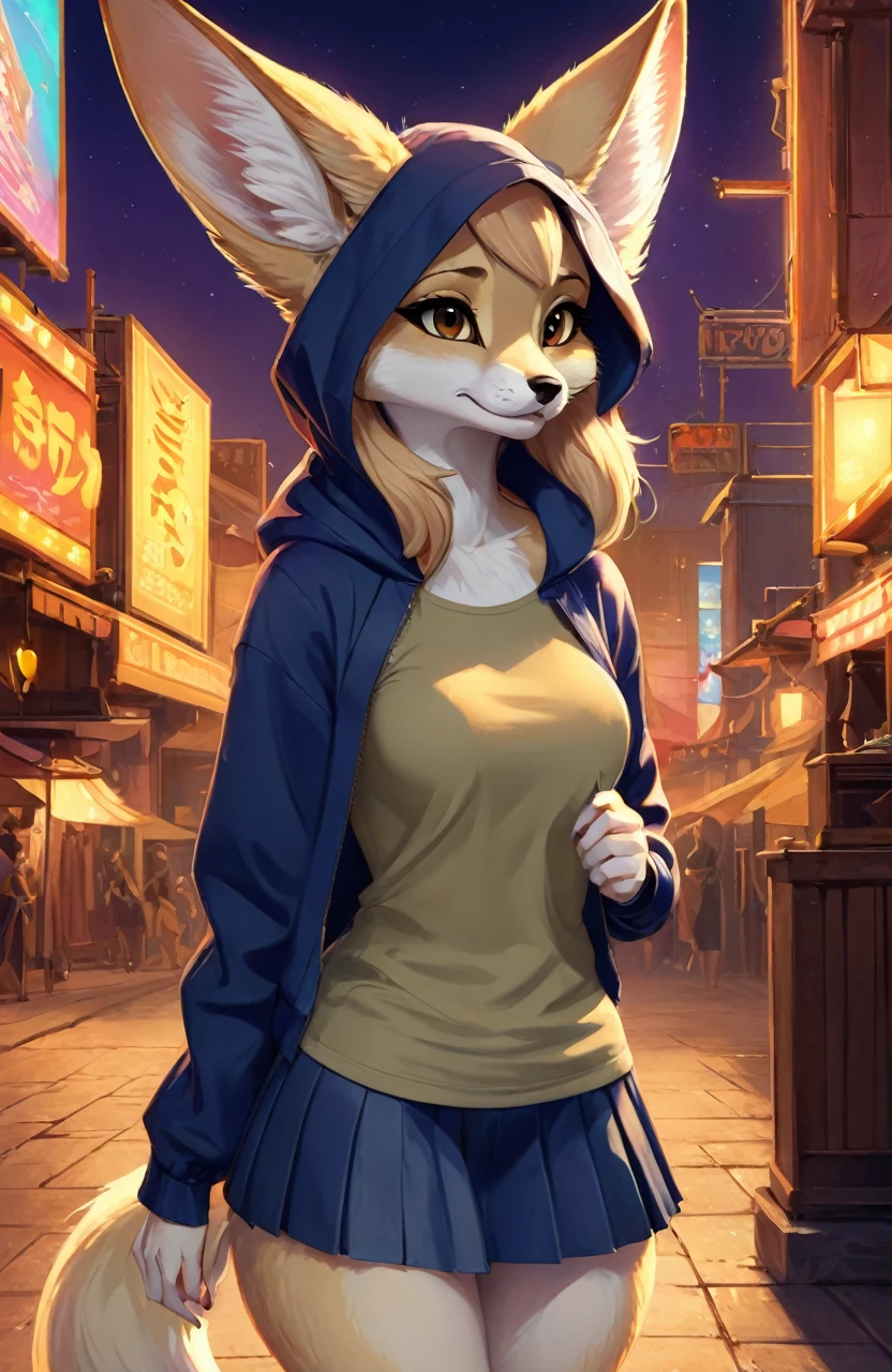 Stylized cinematic anime artwork, fluffy anthro furry, Fennec, female, tube top, skirt, single tail, subsurface scattering, smooth lines, caustics, hyper realistic painting