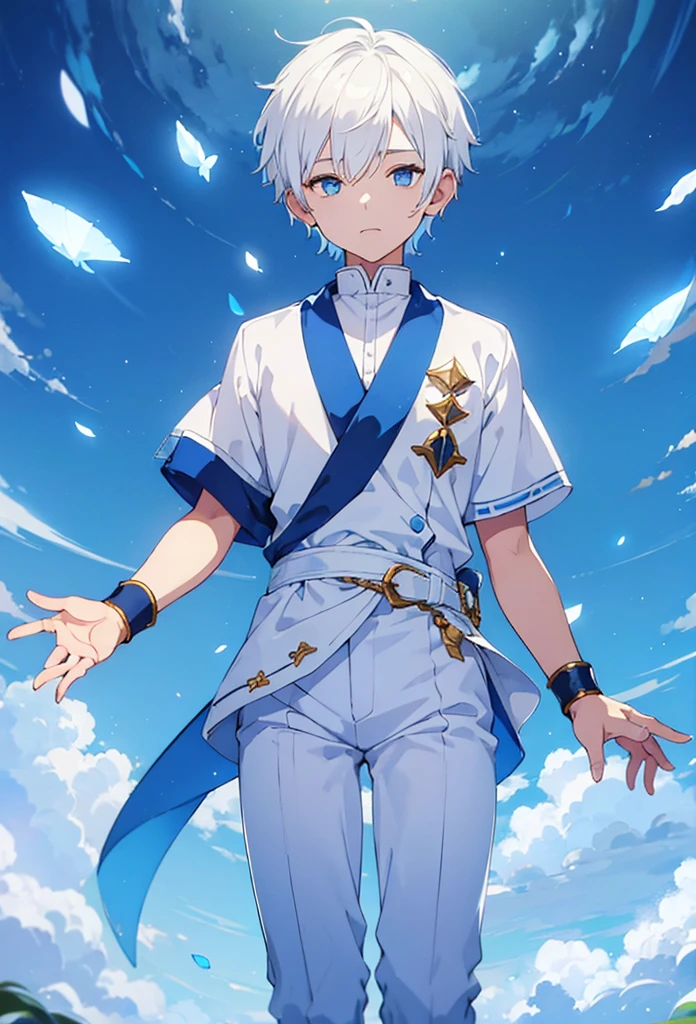 1boy, cleric , white short hair , blue clothes