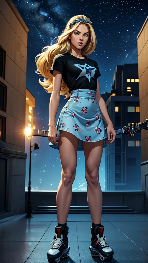 work of art, best qualityer, ultra detali), 1 girl, ager 18 years old, greeneyes, two tone hair, (hair blonde), blue tips, silver crown, light blue floral print dress, wearing rollerblades. Marvel heroes style. Next to his 18 year old black eyed teenfriend ,short black hair wears jeans, black t-shirt and sneakers holding a guitar and points to Mars. Background a starry sky.