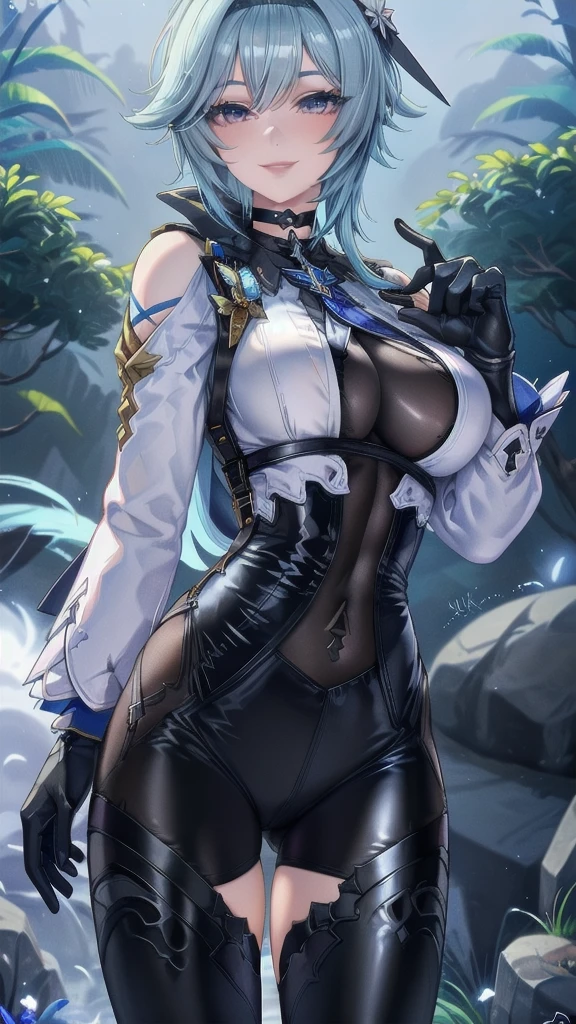 Masterpiece, Beautiful art, professional artist, 8k, sleeping expression, Very detailed face, Detailed clothing, detailed fabric, 1 girl, eula, (genshin impact), View from the front, standing, pose sexy, perfectly drawn body, pale skin, seductive expression, SMILE, beautiful face on head, Go sky blue hair, 4k eyes, very detailed eyes, pink cheeks, choker:1.6, (white long sleeve button down shirt with white collar), black gloves, gloves that cover hands, (black leather corset), (shiny black leggings), Black leather boots, Sensual Lips, show details in the eyes, dark forest, at night, atmosphere, fog