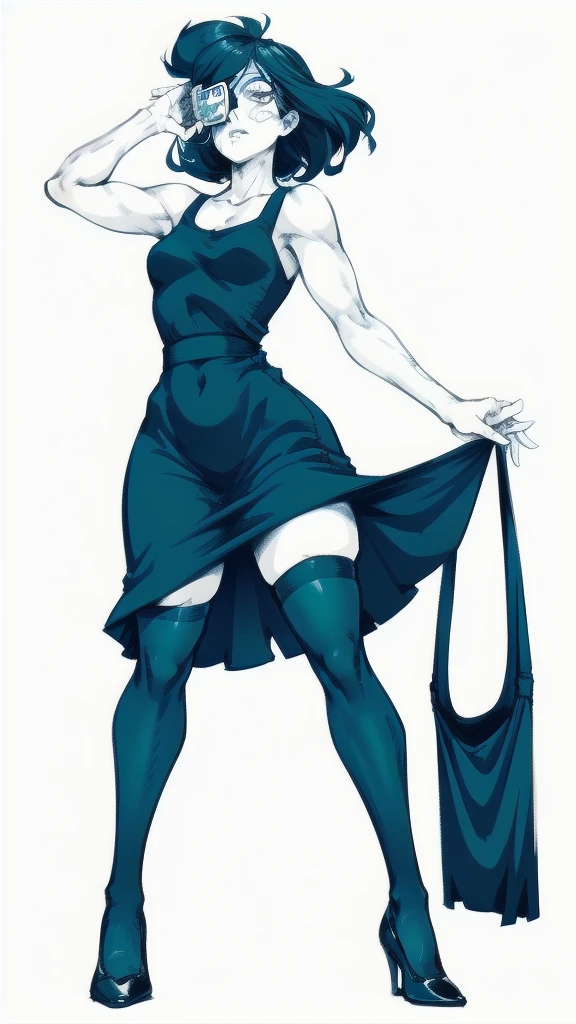 Full body image of Lucy Loud from The Loud House, full body in image, wearing her original outfit (black dress, black and white striped stockings, black shoes), long black hair covering her eyes, female body, small and mysterious body, dynamic pose, detailed pose, simple background, expressive face showing a stoic expression, focus on face, line art, sketch