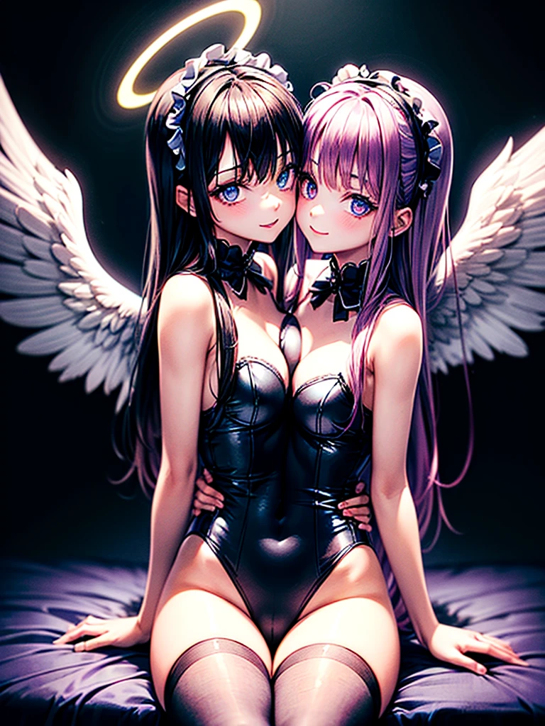 Highest quality,Highest Resolution,(((A beautiful girl with blue eyes, black hair and white angel wings on her back in a maid leotard)))and(((A beautiful girl with red eyes, purple hair, and black angel wings on her back in a gothic lolita leotard)))are sitting face to face,kiss,saliva,(((Halo))),smile,Frills,Knee-high stockings,Camera from a distance,