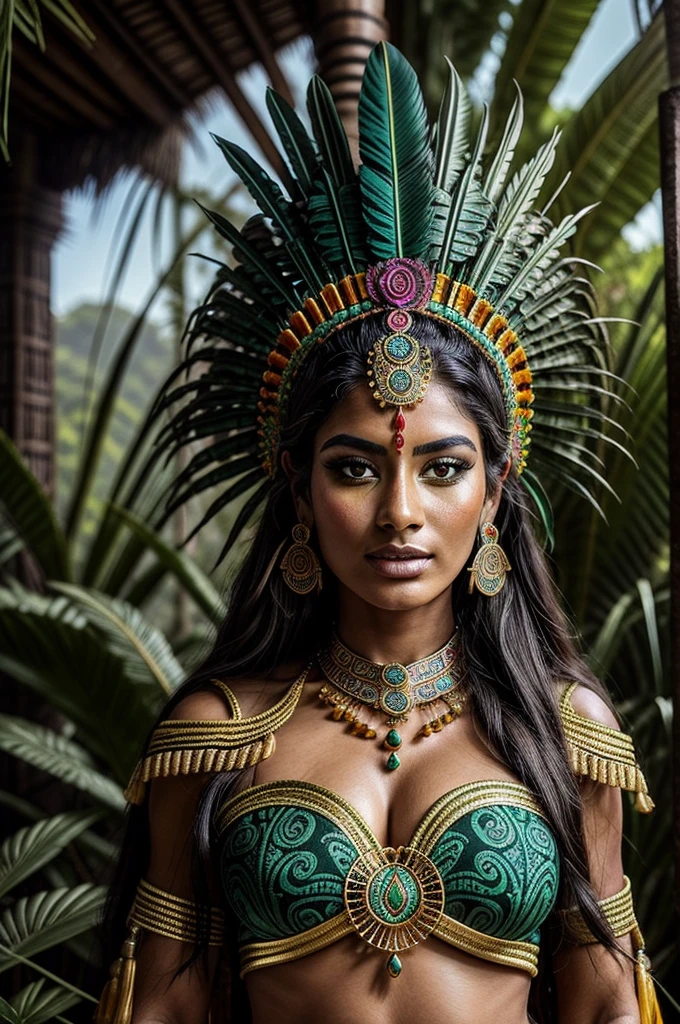 Realistic picture of Aztec Goddess, most beautiful and Ethereal Beauty, a powerful aztec goddess in a vibrant jungle, ancient gold and jade artifacts, ceremonial costumes, intricate facial patterns, sacred temples, mystical aura, extravagant feather headdress, intense gaze, intricate carvings, lush green foliage, dramatic lighting, vibrant colors