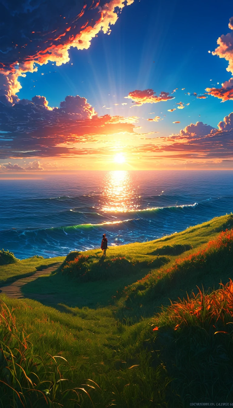 Masterpiece, high quality, 8K Ultra HD. The image shows a with a flashlight shining into the sky watching the anime The Scary Ocean at Dusk from a grassy hill, with a background of vibrant blue sky and the red and orange tones of the sun,reg grass, 4k anime art wallpaper, Shen Che-Tsai digital art, pexels, fantastic realism, among sunlit heavenly clouds, heavenly clouds, amazing sky, 4K anime art wallpaper, anime background, wallpaper 8K anime art wallpaper, anime art wallpaper, anime landscape wallpaper, amazing wallpaper, high quality wallpaper definition, 4k anime wallpaper, 4k anime wallpaper, Aries Moross art, Bob Byerley art, AshleyWoodArtAI, greg rutkowski