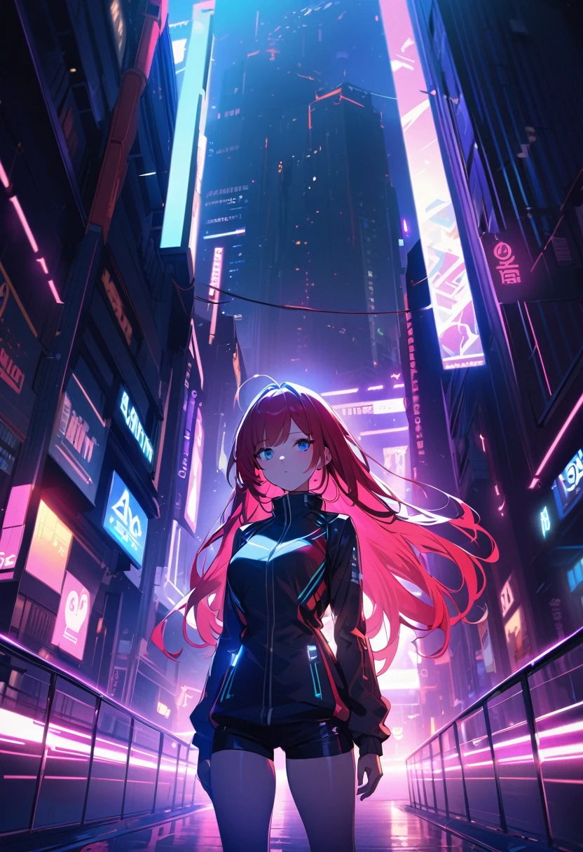 masterpiece , A girl , Very long red hair , blue eyes ,  slope , Perfect body , ( Technical clothing:1.2) , Cyberpunk , future , Modern , in Cyberpunk city, A faint smile , Delicate face ,, , (8K,  Best quality 1.2),  Extremely detailed, 8K uhd,, Soft lighting, high quality, Film Grain,   Beautiful Lights,, (Movie:1.4) ,Perfect body , Optimal lighting, The best shadow,  sharpest, Compared,