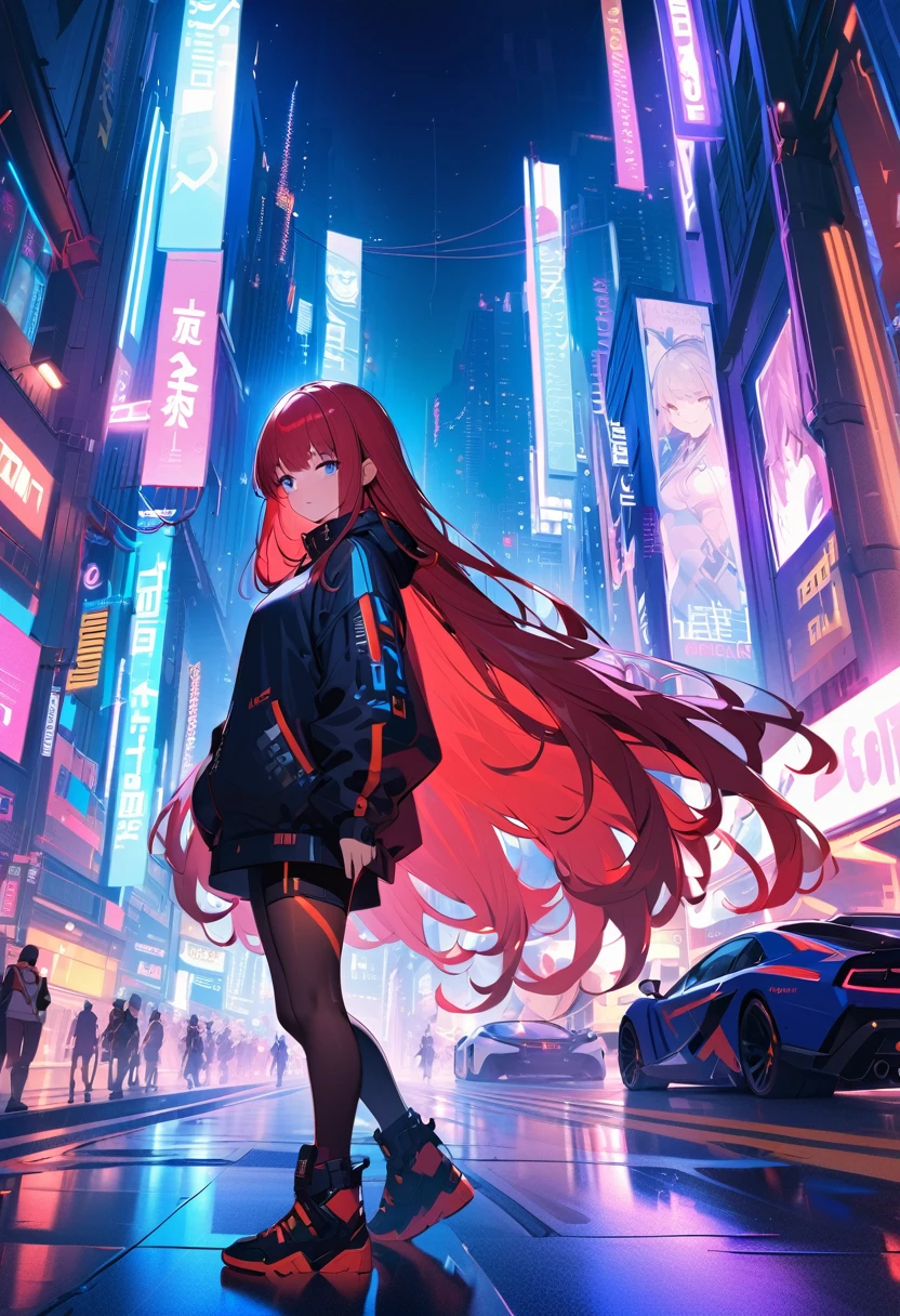 masterpiece , A girl , Very long red hair , blue eyes , slope , Perfect body , ( Technical clothing:1.2) , Cyberpunk , future , Modern , in Cyberpunk city, A faint smile , Delicate face ,, , (8K, Best quality 1.2), Extremely detailed, 8K uhd,, Soft lighting, high quality, Film Grain, Beautiful Lights,, (Movie:1.4) ,Perfect body , Optimal lighting, The best shadow, sharpest, Compared,