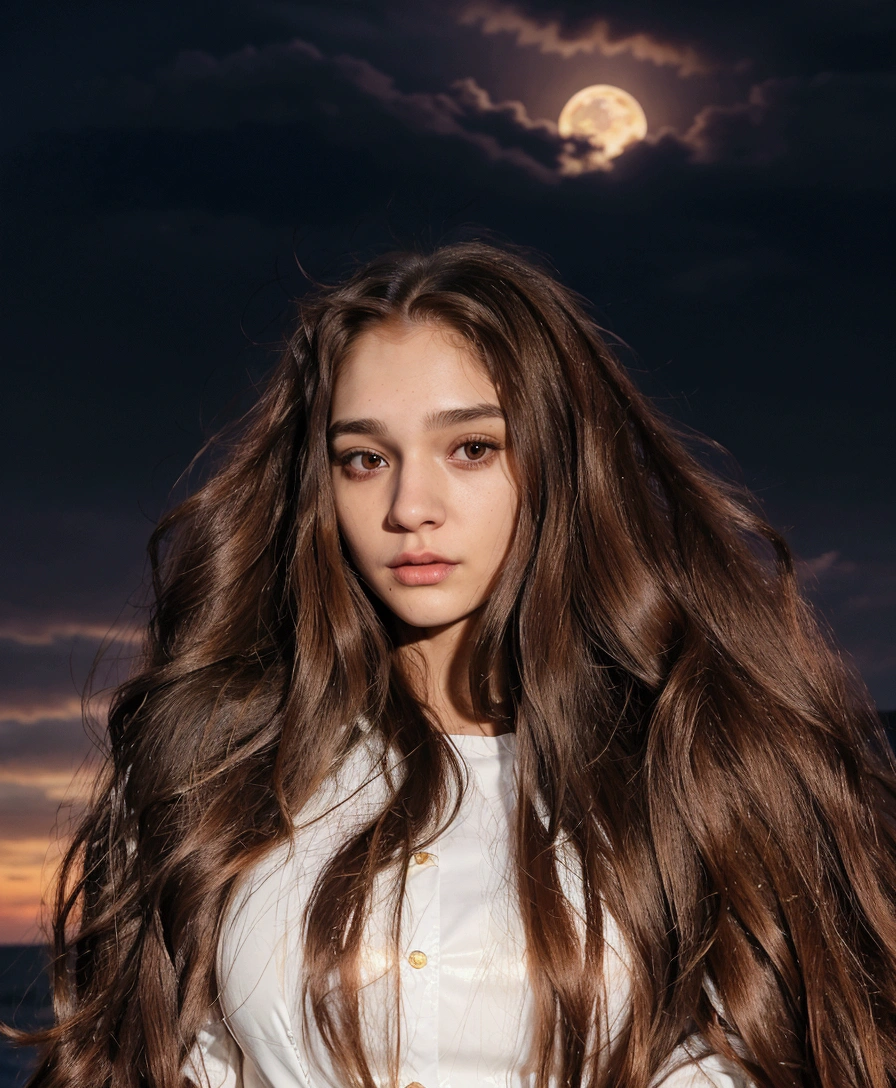 arafed woman de 18 years de edad, with long hair at night, Free hair. evening, with long hair, Woman with brown hair, long and shiny hair, ☁🌪🌙👩🏾, she looks like a mix of grimes, leaked image, very very high quality image, with sunset, 18 years