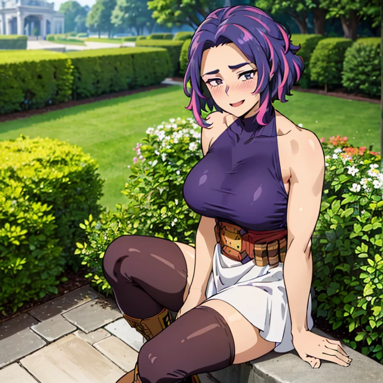 1girl, alone, lady nagant,(best quality, ultra detailed), ((full-face blush)), (detailed background:1.2), (perfect face, detailed face), looking at viewer, (mature female:1.4), smile lady_nagant, large breasts, short hair, sleeveless, streaked hair, bare shoulders, medium hair, belt, dress, purple hair,multicolored hair ,boots (garden, outdoors, sitting), perfect hands, perfect anatomy ((en bikini de color blanco "se resalte  las tetas" y  toda mojada)) ((cara de excitada sacando la lengua ))