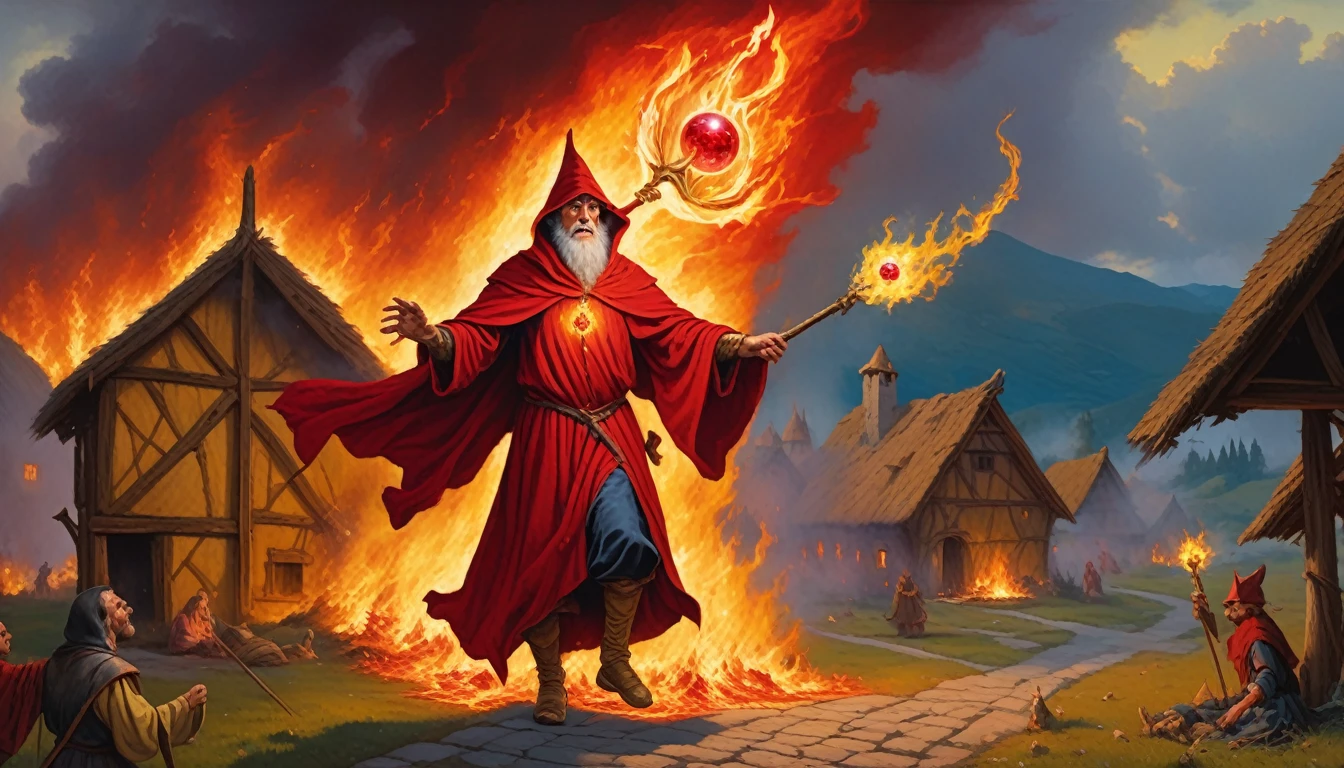 Highly detailed, UHD, 32k, 80s medieval fantasy, oil on canvas painting. An evil cowled wizard clad in red and yellow, holding a magical fire staff with a red crystal, casting fire orbs at a village, with villagers in running amidst the fires