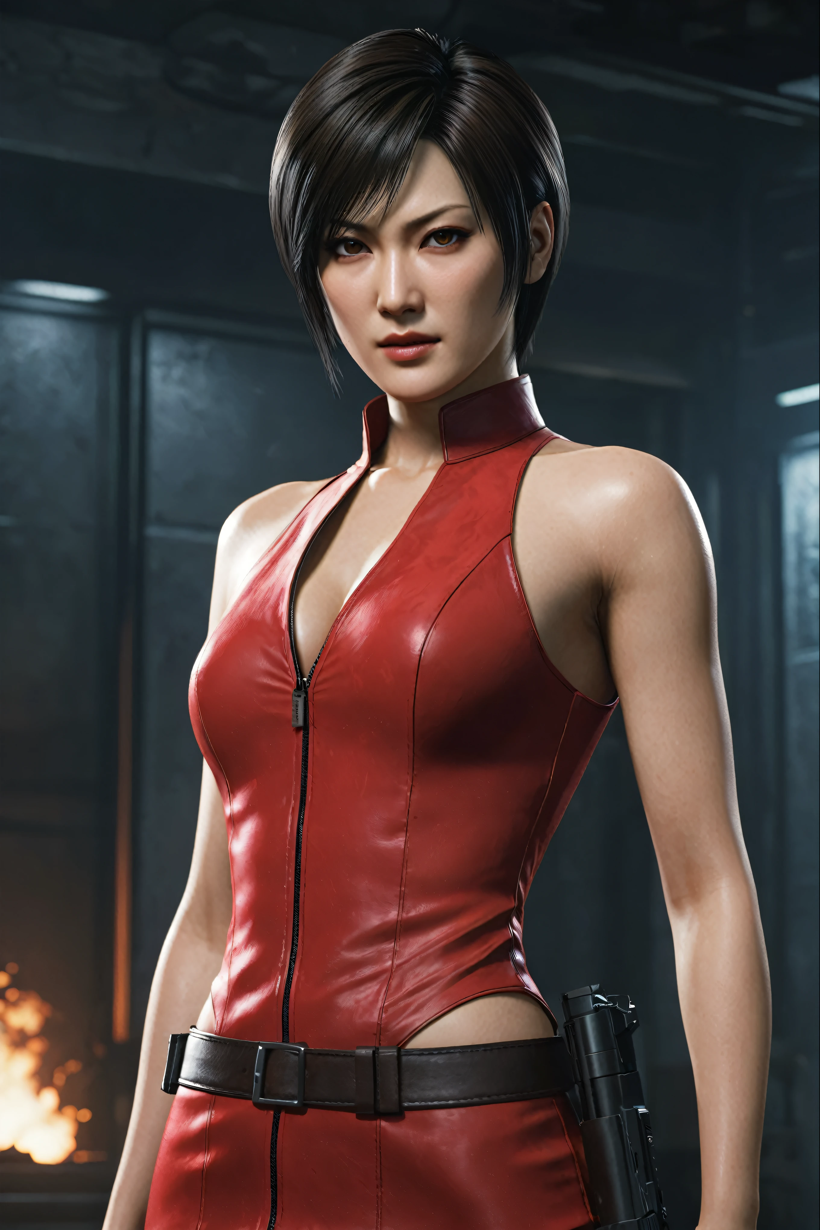 (Highest quality:1.3), cinematic shot, masterpiece, (sharp focus:1.5), (photorealistic:1.3), Ada Wong is a prominent character in the Resident Evil video game series. She is known for her mysterious and enigmatic persona. With her striking appearance, massive breast, Ada often wears a red qipao dress, which is a traditional Chinese outfit. Her dark hair, intense eyes, and a penchant for high heels contribute to her alluring and iconic look.

Ada is characterized by her intelligence, resourcefulness, and combat skills. She's skilled in using firearms, melee weapons, and gadgets, making her a versatile fighter. Throughout the series, she's often seen as an independent and secretive individual, driven by her own motives. Her interactions with other characters are usually marked by a sense of ambiguity and hidden agendas.

Ada's involvement in the series typically revolves around espionage, uncovering conspiracies, and dealing with biohazard outbreaks. Her complex relationships with other characters, such as Leon S. Kennedy, contribute to the intrigue and drama within the game's narrative. Overall, Ada Wong's multifaceted personality, captivating appearance, and central role in the Resident Evil series make her a memorable and iconic game character, (highly detailed skin),  (detailed face), detailed background, cinematic lighting, dramatic lighting, volumetric lighting,  intricate details, UHD,