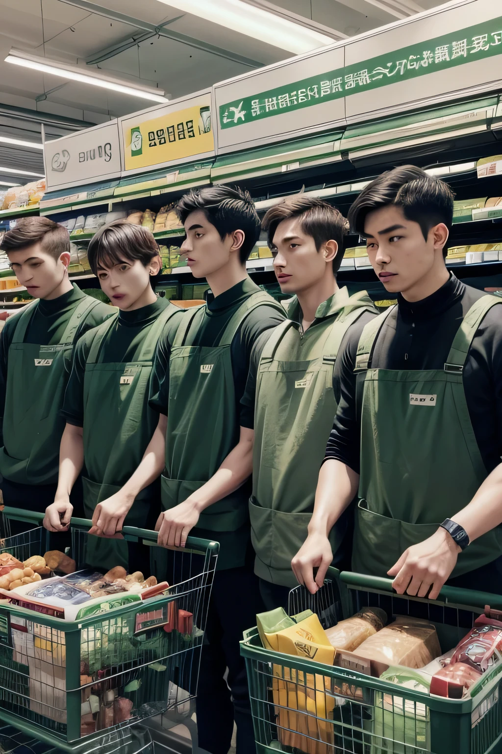 8 men in green in a supermarket holding bags