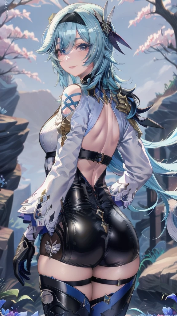 Masterpiece, Beautiful art, professional artist, 8k, sleeping expression, Very detailed face, Detailed clothing, detailed fabric, 1 girl, eula, (genshin impact), view from behind, perfect ass, standing, pose sexy, perfectly drawn body, pale skin, seductive expression, SMILE, beautiful face on head, Go sky blue hair, 4k eyes, very detailed eyes, pink cheeks, choker:1.6, (white long sleeve button down shirt with white collar), black gloves, gloves that cover hands, (black leather corset), (shiny black leggings), Black leather boots, Sensual Lips, show details in the eyes, dark forest, at night, atmosphere, fog