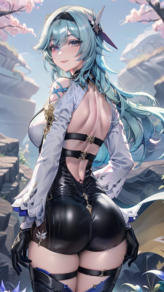 Masterpiece, Beautiful art, professional artist, 8k, sleeping expression, Very detailed face, Detailed clothing, detailed fabric, 1 girl, eula, (genshin impact), view from behind, perfect ass, standing, pose sexy, perfectly drawn body, pale skin, seductive expression, SMILE, beautiful face on head, Go sky blue hair, 4k eyes, very detailed eyes, pink cheeks, choker:1.6, (white long sleeve button down shirt with white collar), black gloves, gloves that cover hands, (black leather corset), (shiny black leggings), Black leather boots, Sensual Lips, show details in the eyes, dark forest, at night, atmosphere, fog