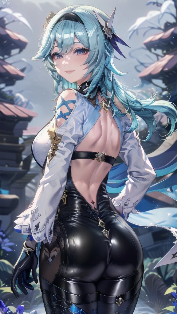 Masterpiece, Beautiful art, professional artist, 8k, sleeping expression, Very detailed face, Detailed clothing, detailed fabric, 1 girl, eula, (genshin impact), view from behind, perfect ass, standing, pose sexy, perfectly drawn body, pale skin, seductive expression, SMILE, beautiful face on head, Go sky blue hair, 4k eyes, very detailed eyes, pink cheeks, choker:1.6, (white long sleeve button down shirt with white collar), black gloves, gloves that cover hands, (black leather corset), (shiny black leggings), Black leather boots, Sensual Lips, show details in the eyes, dark forest, at night, atmosphere, fog