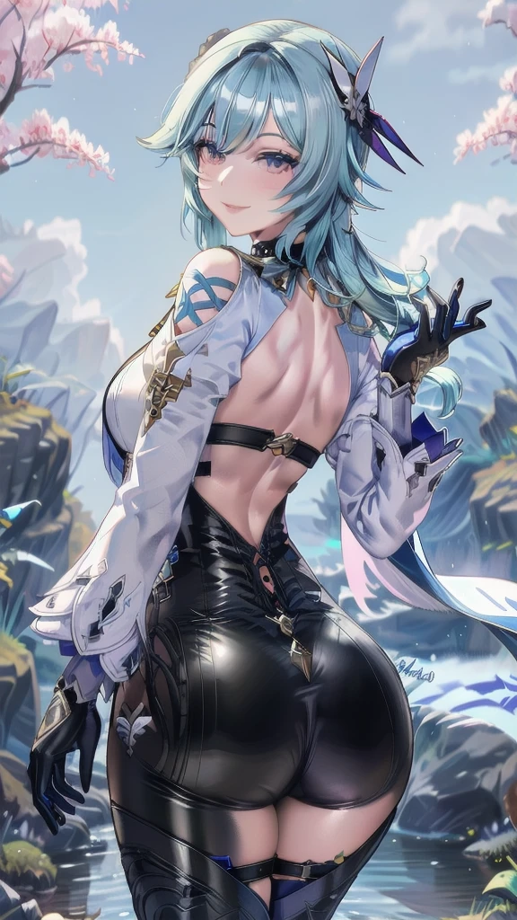 Masterpiece, Beautiful art, professional artist, 8k, sleeping expression, Very detailed face, Detailed clothing, detailed fabric, 1 girl, eula, (genshin impact), view from behind, perfect ass, standing, pose sexy, perfectly drawn body, pale skin, seductive expression, SMILE, beautiful face on head, Go sky blue hair, 4k eyes, very detailed eyes, pink cheeks, choker:1.6, (white long sleeve button down shirt with white collar), black gloves, gloves that cover hands, (black leather corset), (shiny black leggings), Black leather boots, Sensual Lips, show details in the eyes, dark forest, at night, atmosphere, fog