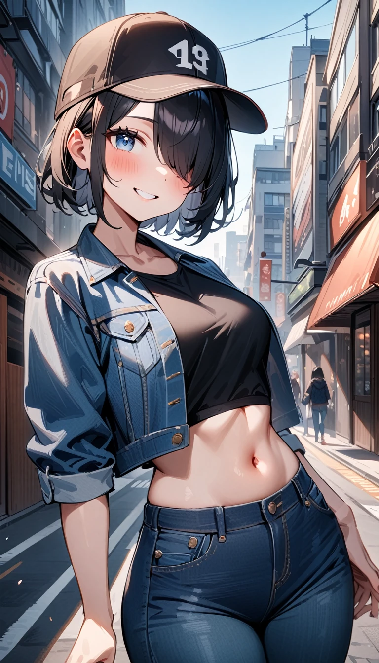 masterpiece, best quality, very aesthetic, 1girl, solo, absurdres, blue eyes, black hair, short hair, hair over one eye, cowboy shot, standing, looking at viewer, baseball cap, denim jacket, black shirts, midriff, navel, jeans, smile, blush, outdoors, city, street