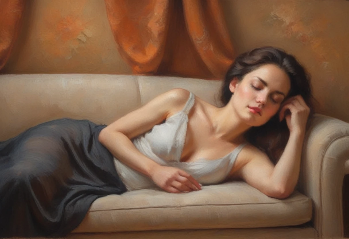 Oil painting on canvas, A languid lady modestly lies on the sofa with her eyes closed, languid pose, natural colors, nude genre, detail