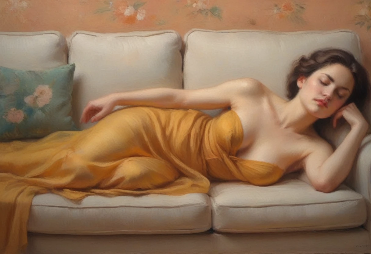 Oil painting on canvas, A languid lady modestly lies on the sofa with her eyes closed, languid pose, natural colors, nude genre, detail