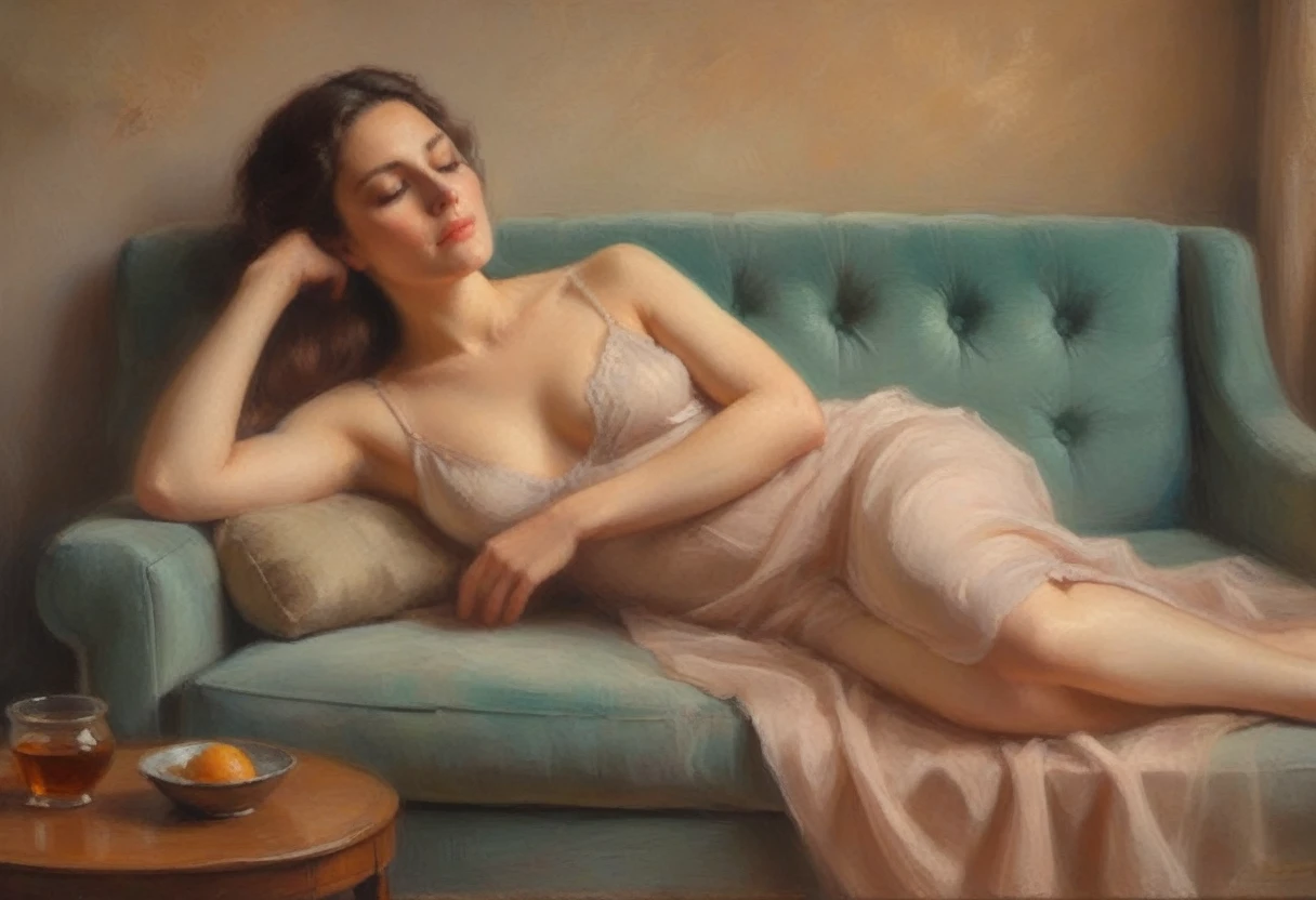 Oil painting on canvas, A languid lady modestly lies on the sofa with her eyes closed, languid pose, natural colors, nude genre, detail