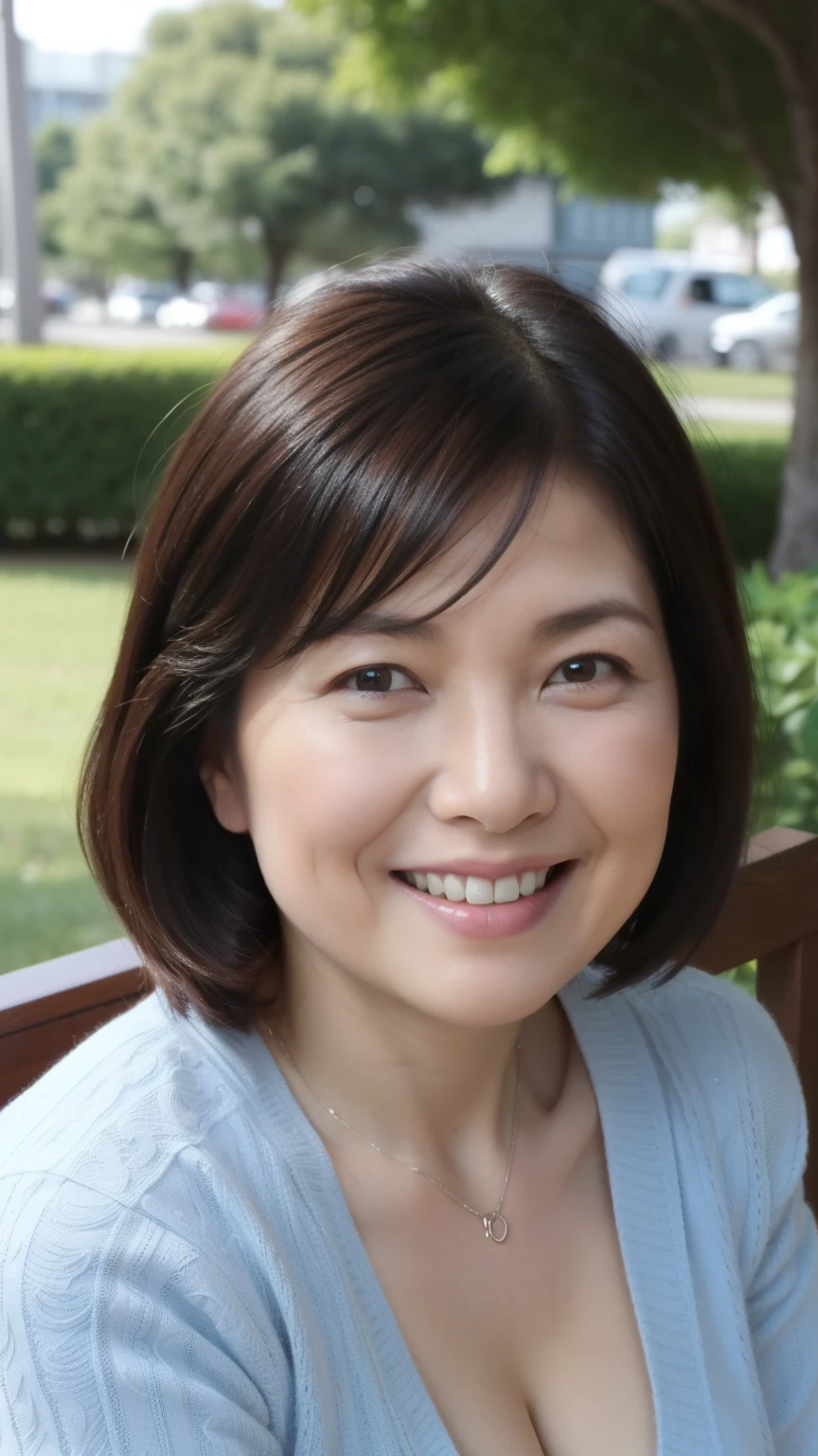 最high quality, In 8K, Masseter region, Genuine, Sharp focus, high quality, High resolution, Detailed face, fine grain, Thick lips, Background Blur, alone, Middle-aged women, , 65 years old, , Wavy Hair, Cleavage, Wearing a plain short-sleeved knit, sitting on a park bench, Wrinkles around the eyes, Smiling with teeth showing