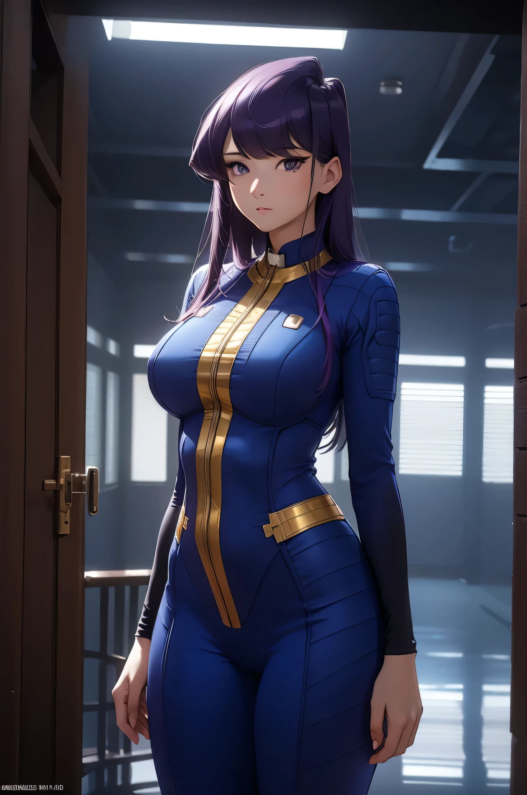 (masterpiece quality1.1), (insanely sophisticated detailed1.2), (realistic detailed beautiful face1.3), (1girl), (komi_shouko), beautiful face, RAW photo, best quality, high resolution, (masterpiece), POV, purple hair, skintight blue vaultsuit, standing in front of diamond city entrance next to statue, massive belly incredibly overstuffed, (photorealistic:1.4), dynamic volumetric lighting, professional photography, sharp focus, HDR, 8K resolution, intricate detail, sophisticated detail, depth of field, detailed soft eyes, purple eyes, smooth skin, tight clothes, undersized clothes, (correct anatomy1.6), (hyper swollen belly1.5)