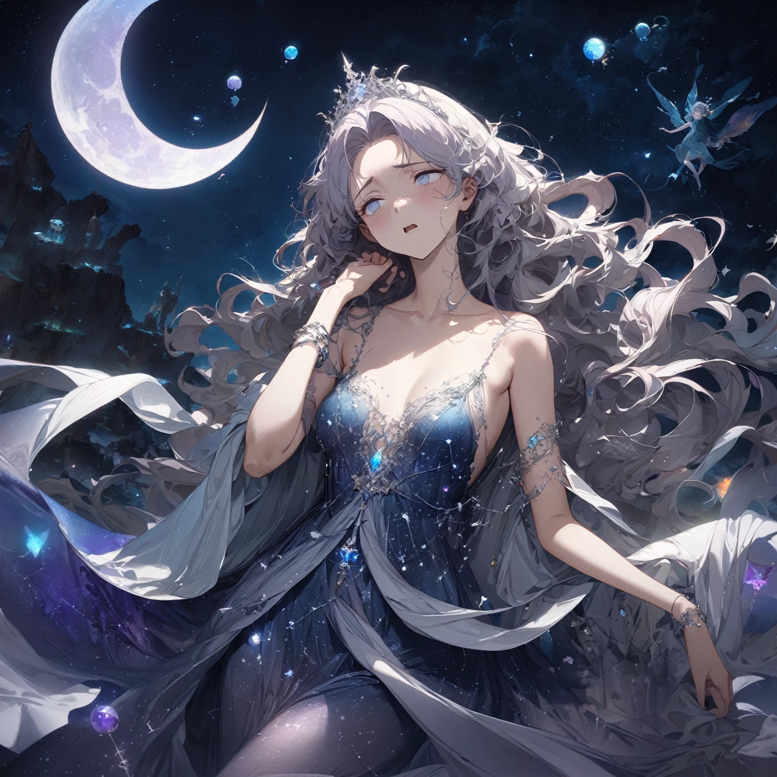 Woman, ethereal, otherworldly presence, sleepy, tired expression, half-closed, droopy eyes, slightly open mouth, silver, wavy hair, flowing gown, (nude:0.8), gossamer-like fabric, midnight blue, silver, lavender, constellation patterns, crescent moons, silver tiara, crescent-shaped charms, glowing gemstones, delicate silver bracelets, surreal, dreamlike landscape, large luminous moon, wisps of mist, floating islands, mythical creatures, glowing flora, small glowing orbs, faint silver threads, soft silvery light, dream manipulation, detailed gorgeous face| anime style| key visual| intricate detail| highly detailed| breathtaking| vibrant| panoramic| cinematic| Carne Griffiths| Conrad Roset| gibbli 8k