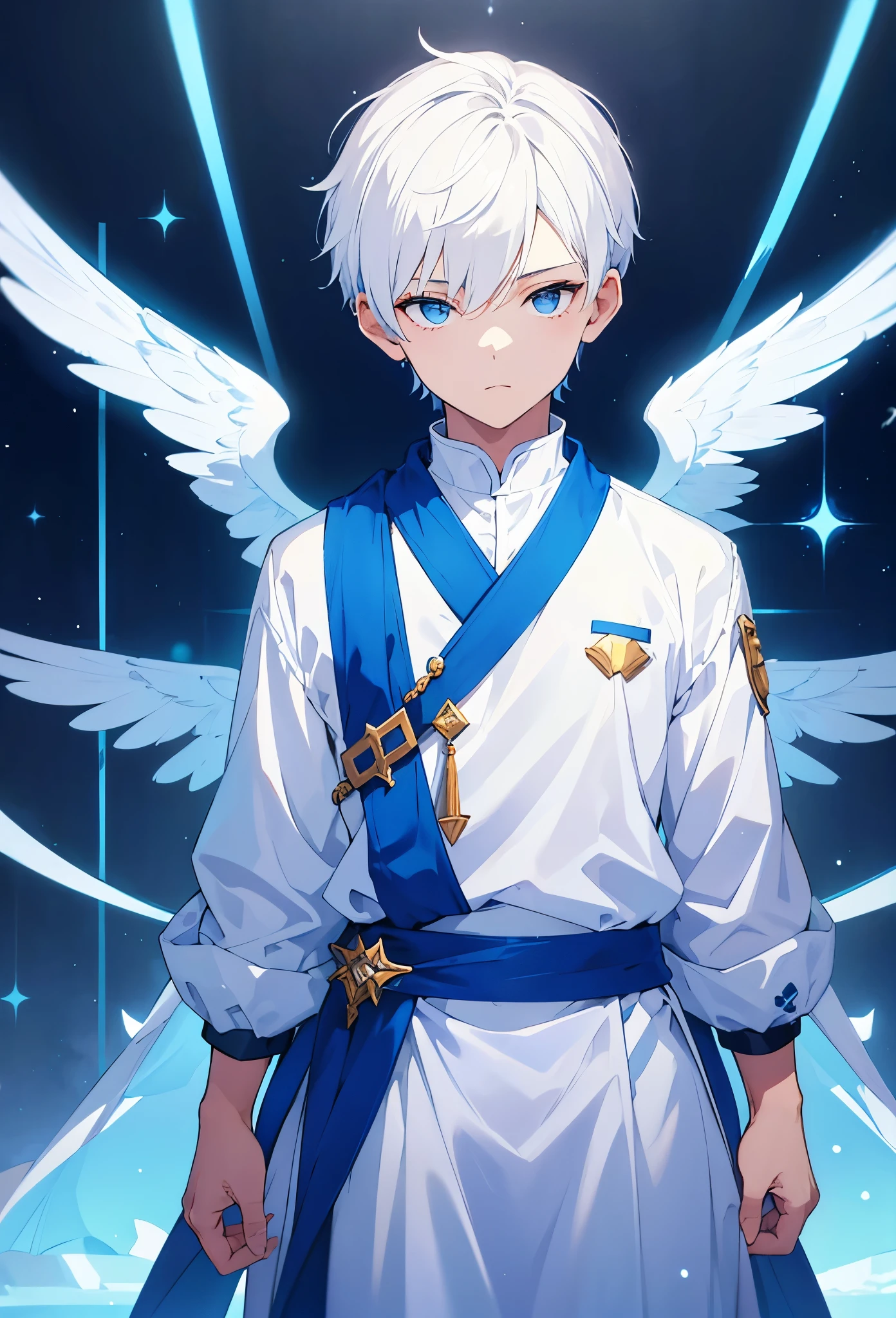 1boy, cleric , white short hair , blue clothes