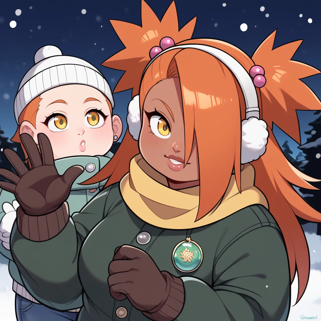 score_9, score_8_up, score_7_up, score_6_up, score_5_up, score_4_up, source_anime, rating_safe, BREAK chouchou akimichi,1girl,dark-skinned female,curvy,orange hair,hair over one eye,two side up,long hair,yellow eyes,hair bobbles,jewelry,earrings,big breats,night,brown winter ear muffs,yellow scarf,green winter jacket,white winter shirt,black winter jeans,sunglasess,winter background,winter gloves