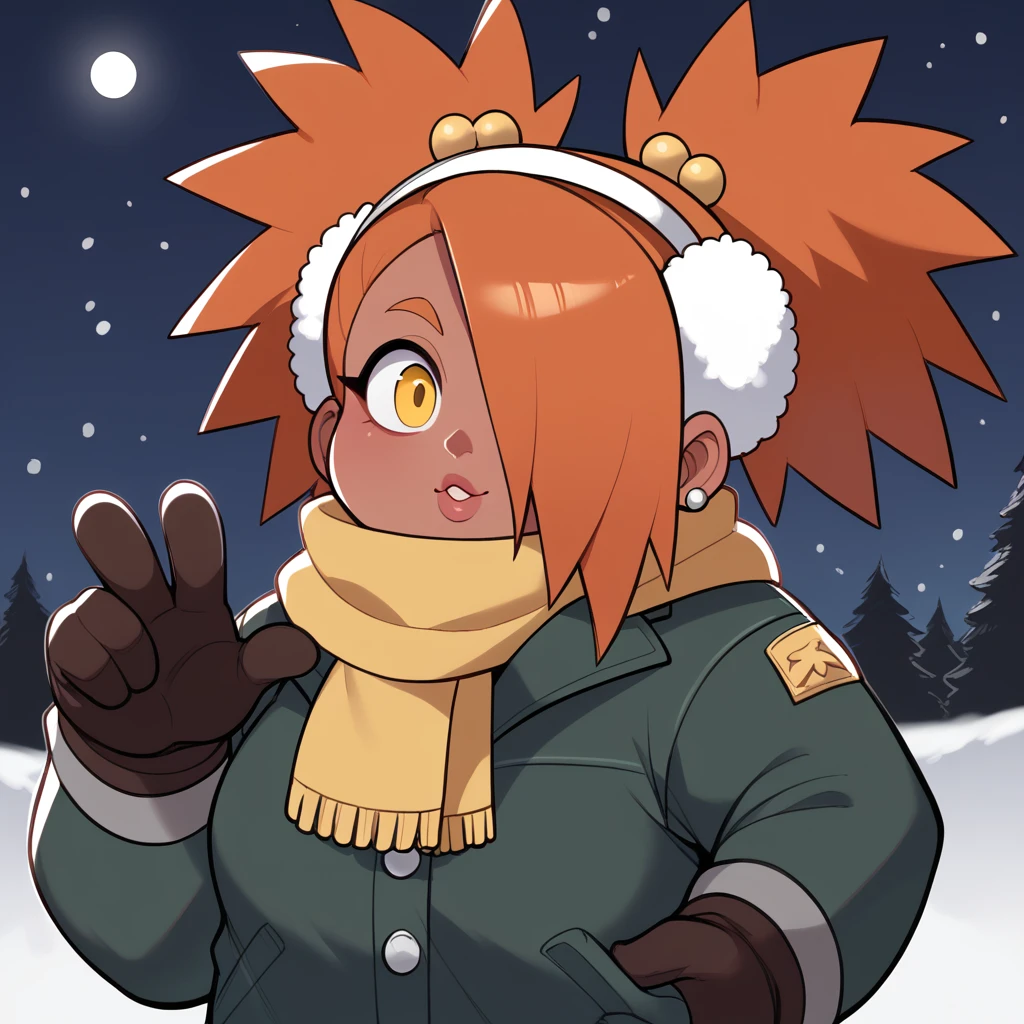 score_9, score_8_up, score_7_up, score_6_up, score_5_up, score_4_up, source_anime, rating_safe, BREAK chouchou akimichi,1girl,dark-skinned female,curvy,orange hair,hair over one eye,two side up,long hair,yellow eyes,hair bobbles,jewelry,earrings,big breats,night,brown winter ear muffs,yellow scarf,green winter jacket,white winter shirt,black winter jeans,sunglasess,winter background,winter gloves