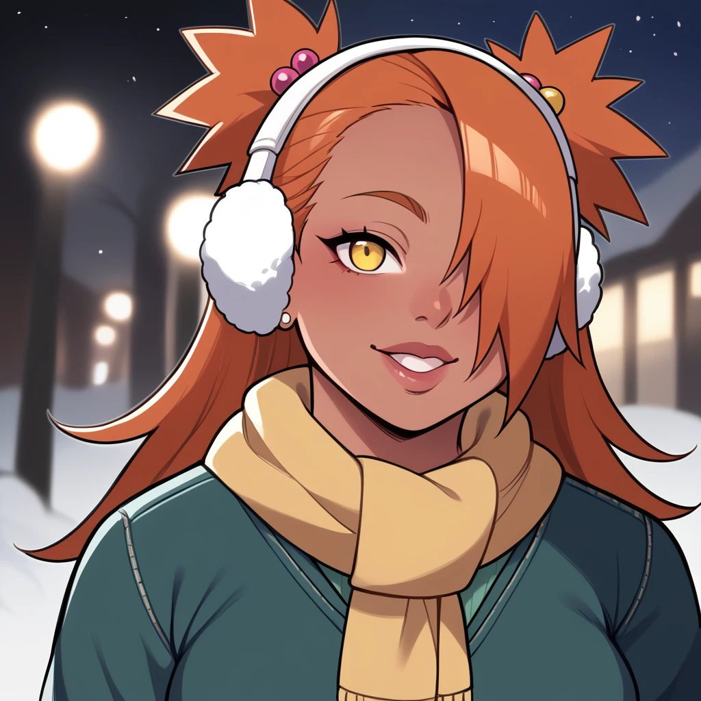 score_9, score_8_up, score_7_up, score_6_up, score_5_up, score_4_up, source_anime, rating_safe, BREAK chouchou akimichi,1girl,dark-skinned female,curvy,orange hair,hair over one eye,two side up,long hair,yellow eyes,hair bobbles,jewelry,earrings,big breats,night,brown winter ear muffs,yellow scarf,green winter jacket,white winter shirt,black winter jeans,sunglasess,winter background,winter gloves