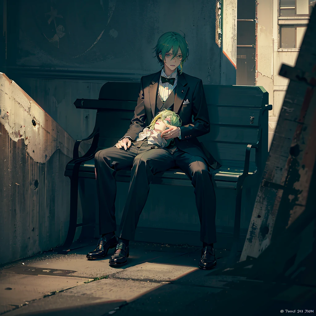 anime man, sitting in a bench looking at a rotting zombie corpse on the floor, casual park, marine green hair, light green eyes, tuxedo, dark fantasy