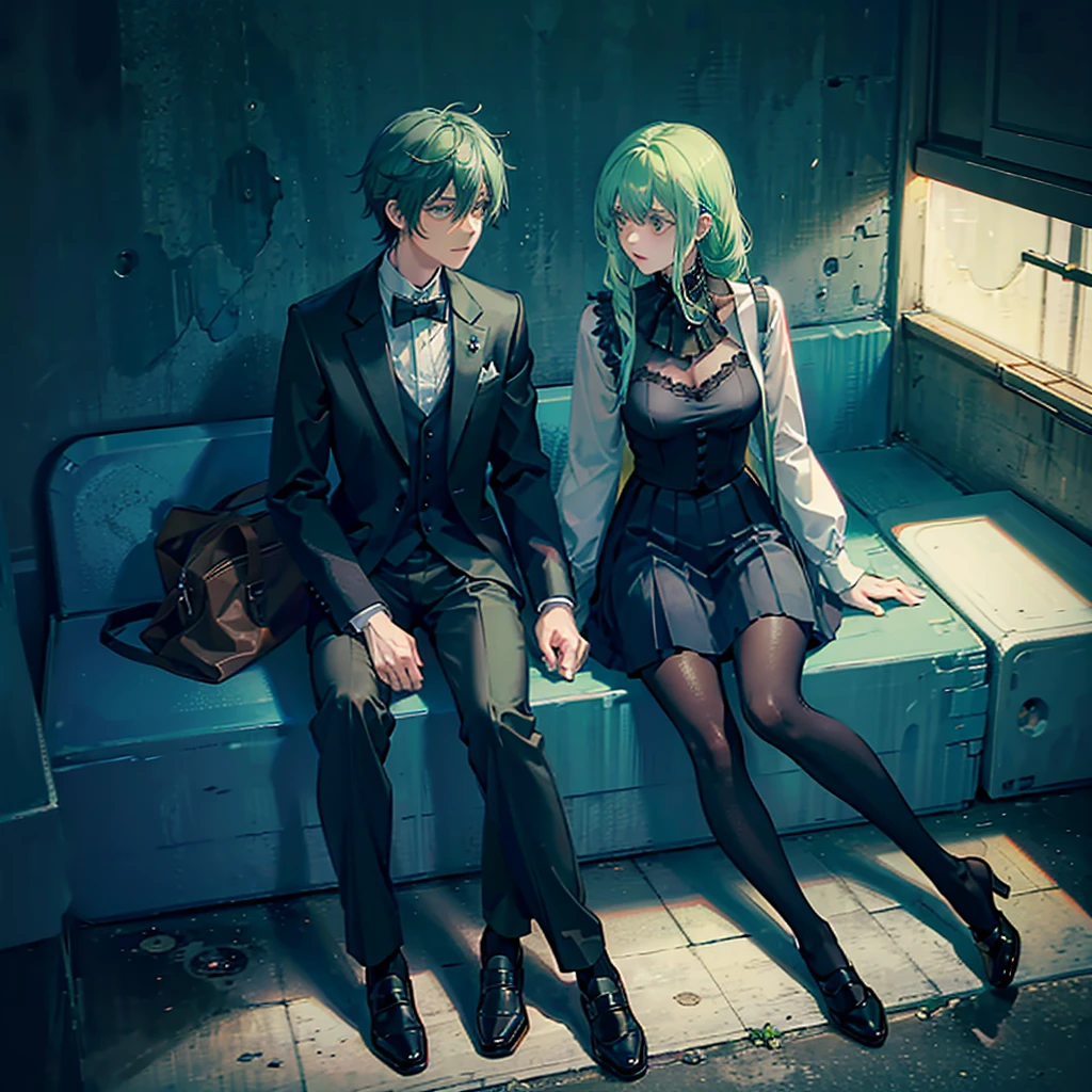 anime man, sitting in a bench looking at a rotting zombie corpse on the floor, casual park, marine green hair, light green eyes, tuxedo, dark fantasy