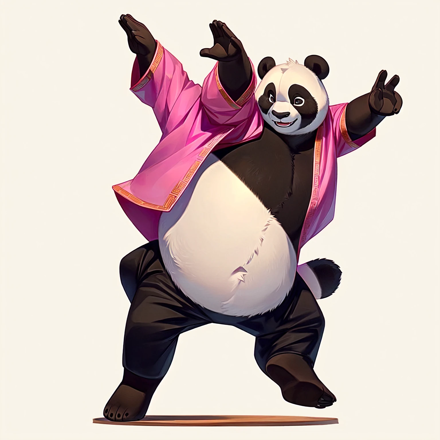 Just Dance,panda bear in a pink jacket and black pants with a pink jacket, panda panda panda, panda, Inspired by Zhu Da, cute panda, a cute giant panda, dancing character, He's dancing, kung fu panda, inspired by Luo Ping, No gradient, Wooden plates, pan ren wei, pat, Black person
