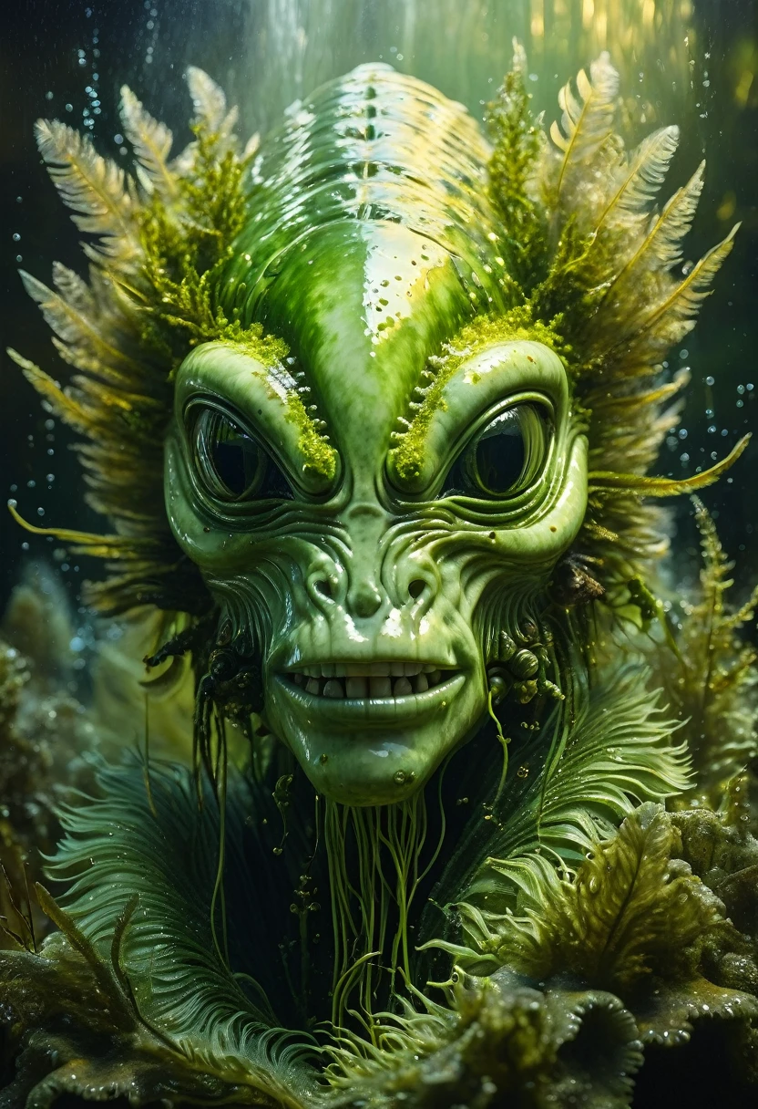 Aliens face Head, portrait made out of teeth, Alchemical Engine, Petzval Cold, Tardigrade, oil painting on wood, Algae, Painting With Feathers, Algae, Painting With Feathers on Algae, Art With Feathers on Algae, Painting With Feathers on Algae, Volumetric Golden dappled dynamic lighting, Octane Render, Cinematic Lighting, Unreal