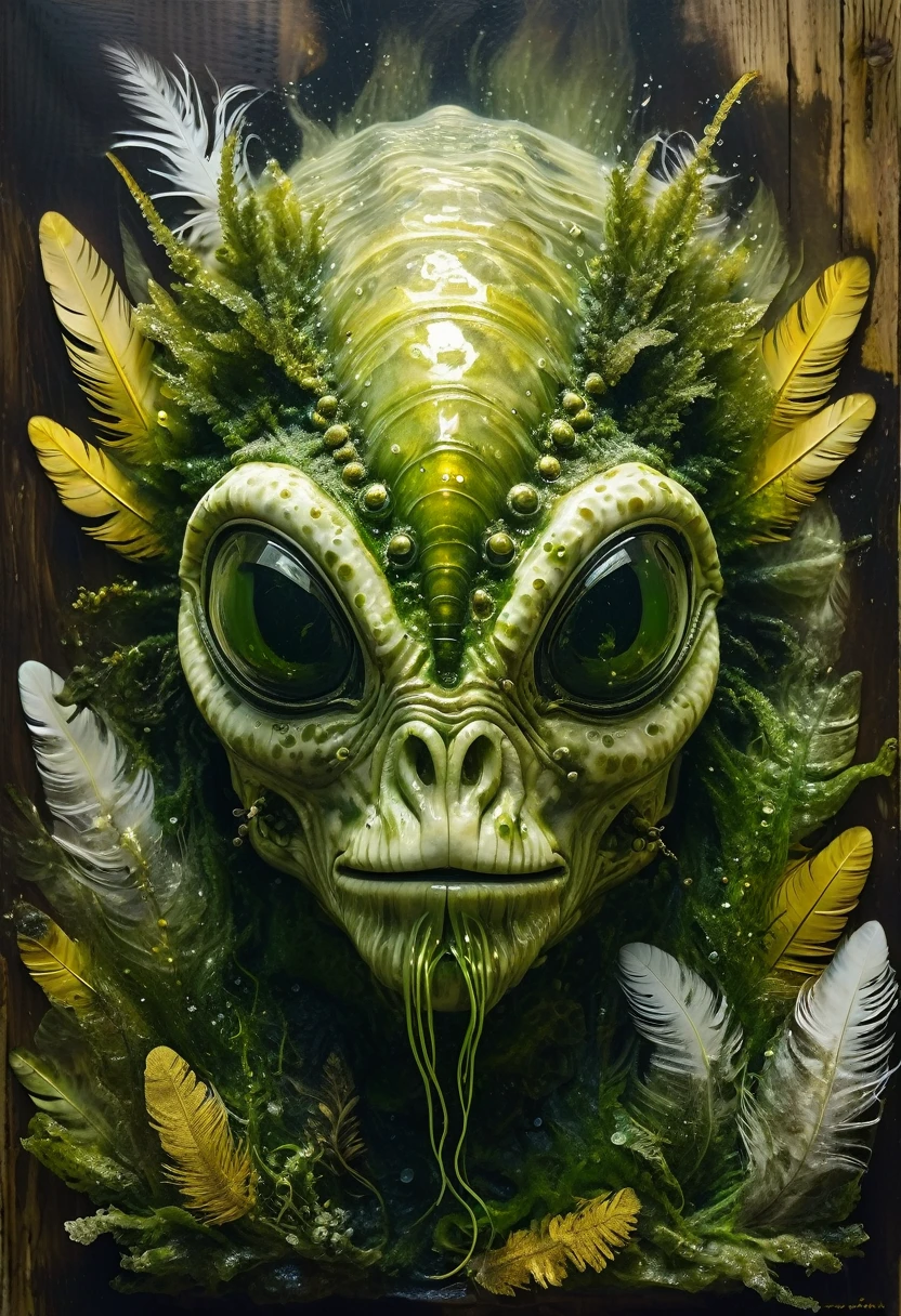 Aliens face Head, portrait made out of teeth, Alchemical Engine, Petzval Cold, Tardigrade, oil painting on wood, Algae, Painting With Feathers, Algae, Painting With Feathers on Algae, Art With Feathers on Algae, Painting With Feathers on Algae, Volumetric Golden dappled dynamic lighting, Octane Render, Cinematic Lighting, Unreal
