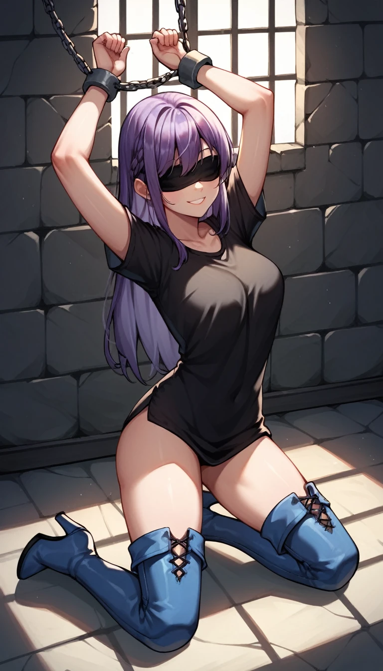 score_9, score_8_up, score_7_up, score_6_up, score_5_up, score_4_up, source_anime, 1 woman, Kneel down, full body, close-up, purple hair, long hair, blindfold, smile, w-w-chain, shackles, raise arms, clean hair, black shirt, short,  blue boots, thigh high boots, heels, cell, dungeon, best quality, best res, 4K UHD,
 