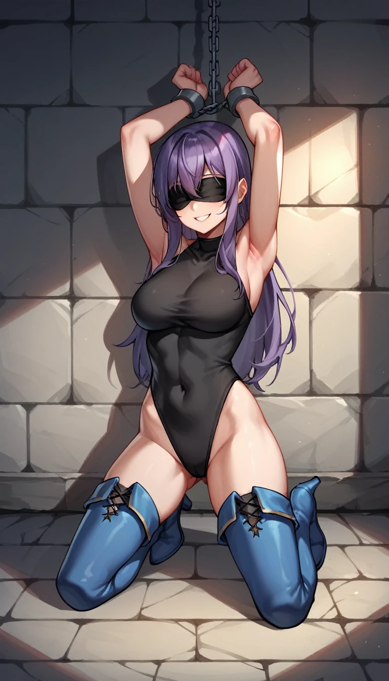 score_9, score_8_up, score_7_up, score_6_up, score_5_up, score_4_up, source_anime, 1 woman, Kneel down, full body, close-up, purple hair, long hair, blindfold, smile, w-w-chain, shackles, raise arms, clean hair, black shirt, short,  blue boots, thigh high boots, heels, cell, dungeon, best quality, best res, 4K UHD,
 