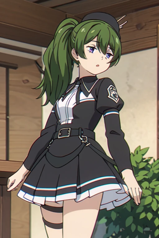 ((Bestquality))),((Ultra-detailed)),((illustration)),((Disheveledhair)),((frilld)),(1girl),(Solo), 1girl,holding,looking_at_viewer,open_mouth,solo,rating:safe,black_bow,bow,clothing,crown,dress,female,frilled_dress,frills,hair_flaps,headwear,juliet_sleeves,long_hair,long_sleeves,makaria,:o,puffy_sleeves,red_dress,scepter,standing,wide_sleeves, purple eyes,green hair,Right side ponytail,