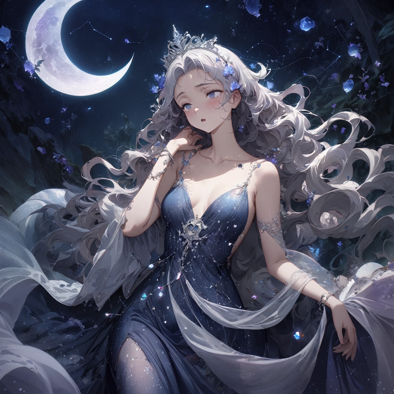 Woman, ethereal, otherworldly presence, sleepy, tired expression, half-closed, droopy eyes, slightly open mouth, silver, wavy hair, flowing gown, (nude:0.8), gossamer-like fabric, midnight blue, silver, lavender, constellation patterns, crescent moons, silver tiara, crescent-shaped charms, glowing gemstones, delicate silver bracelets, surreal, dreamlike landscape, large luminous moon, wisps of mist, floating islands, mythical creatures, glowing flora, small glowing orbs, faint silver threads, soft silvery light, dream manipulation, detailed gorgeous face| anime style| key visual| intricate detail| highly detailed| breathtaking| vibrant| panoramic| cinematic| Carne Griffiths| Conrad Roset| gibbli 8k