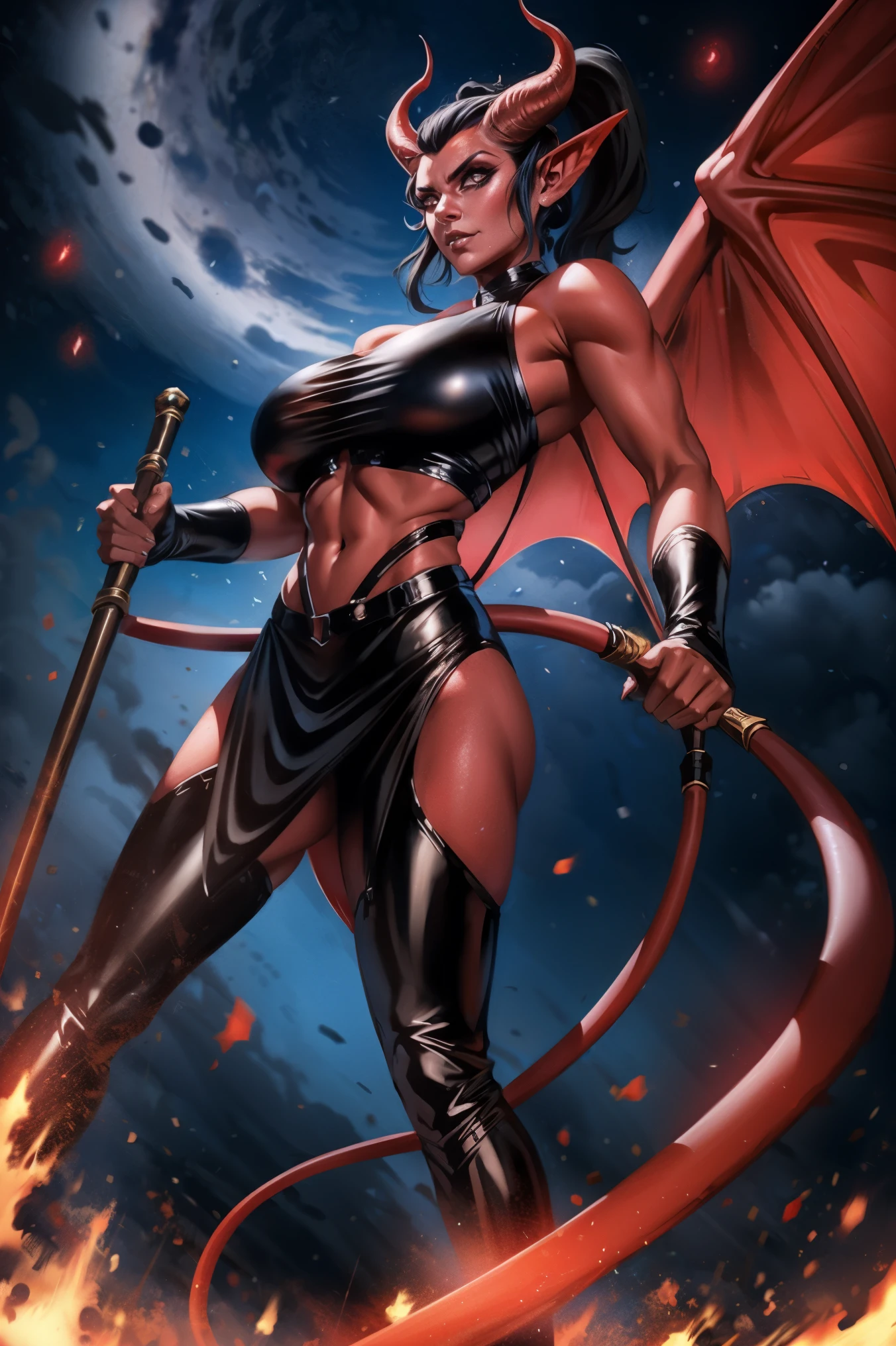 Red skin succubus tiefling, medium breasts, black horns, wings, huge tail, black leather, crop top, long flowing pelvic curtain, tall, toned, graceful, thin, long black ponytail. Action scene, whip. Dark scene, explosions, night sky.