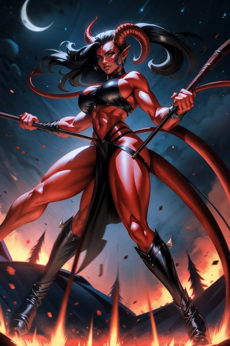Red skin succubus tiefling, medium , black horns, wings, huge tail, black leather, crop top, long flowing pelvic curtain, tall, toned, graceful, thin, long black ponytail. Action scene, whip. Dark scene, explosions, night s